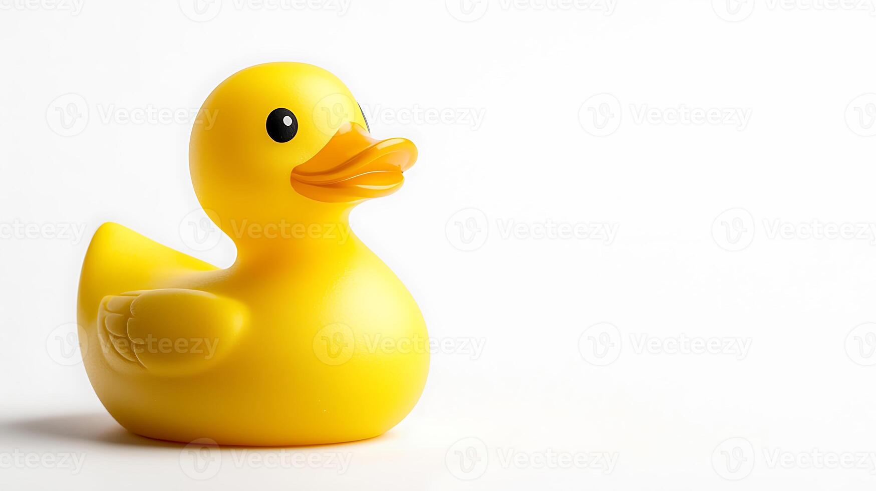 A bright yellow rubber duck sitting on a white surface, evoking childhood memories and playfulness photo