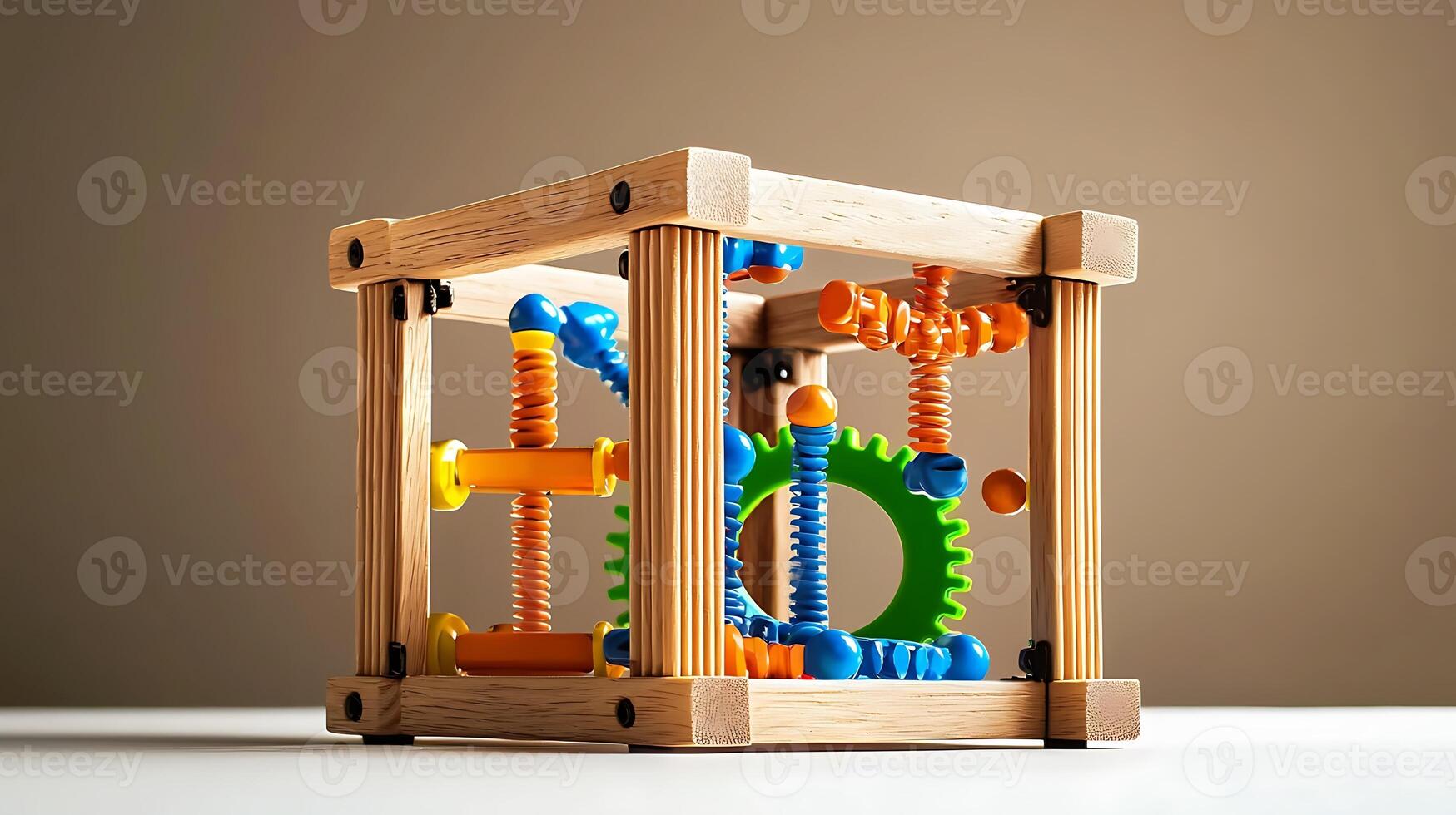 Colorful wooden gear toy on a table, showcasing its interactive design and playful elements photo