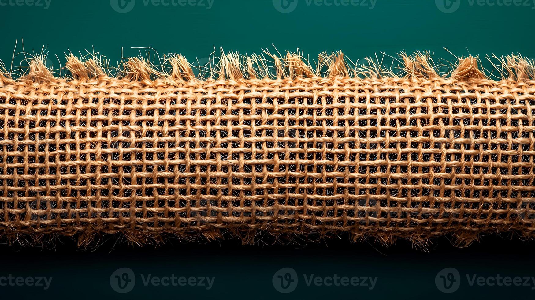 Close-up view of textured burlap fabric roll against a solid green background, showcasing natural fibers photo