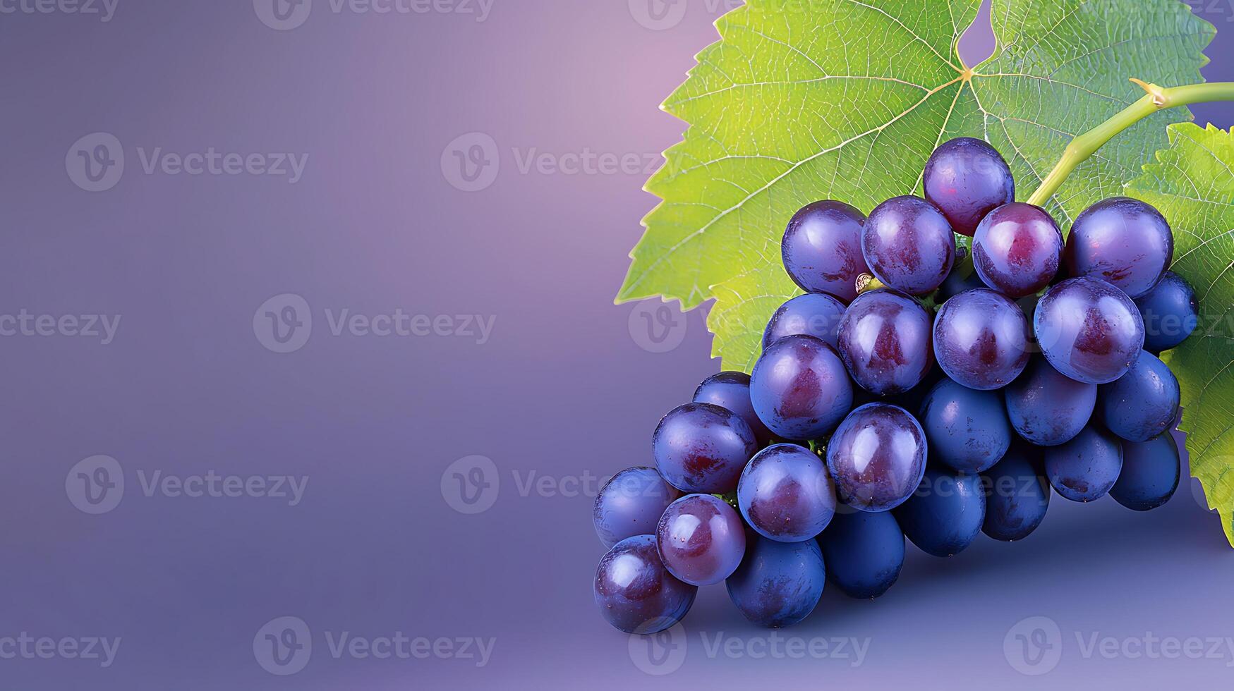 Cluster of ripe purple grapes on a vibrant background with green leaves, ideal for culinary use photo