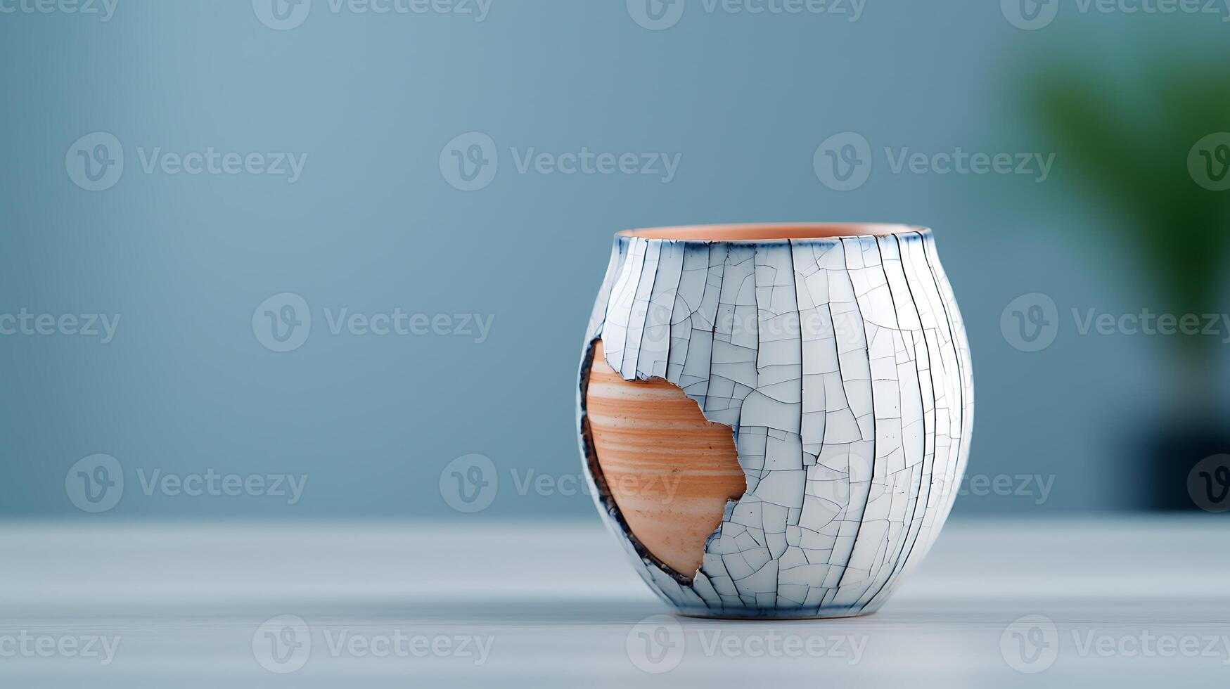 Cracked ceramic vase on a minimalist table with a blurred green plant in the background photo