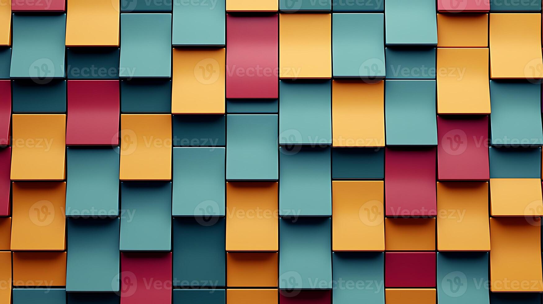Colorful geometric wall design featuring interlocking tiles in vibrant shades of blue, yellow, and red photo