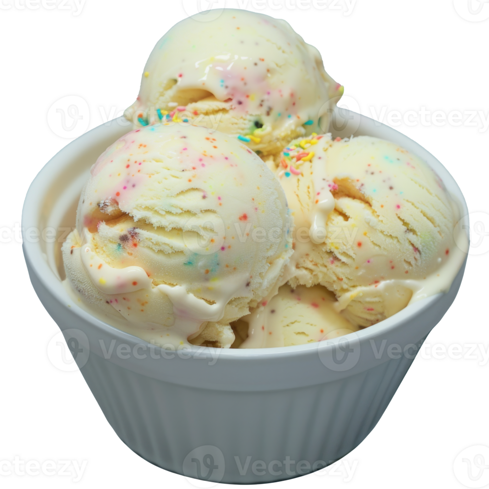 Closeup of Vanilla Ice Cream with Sprinkles in a White Bowl png