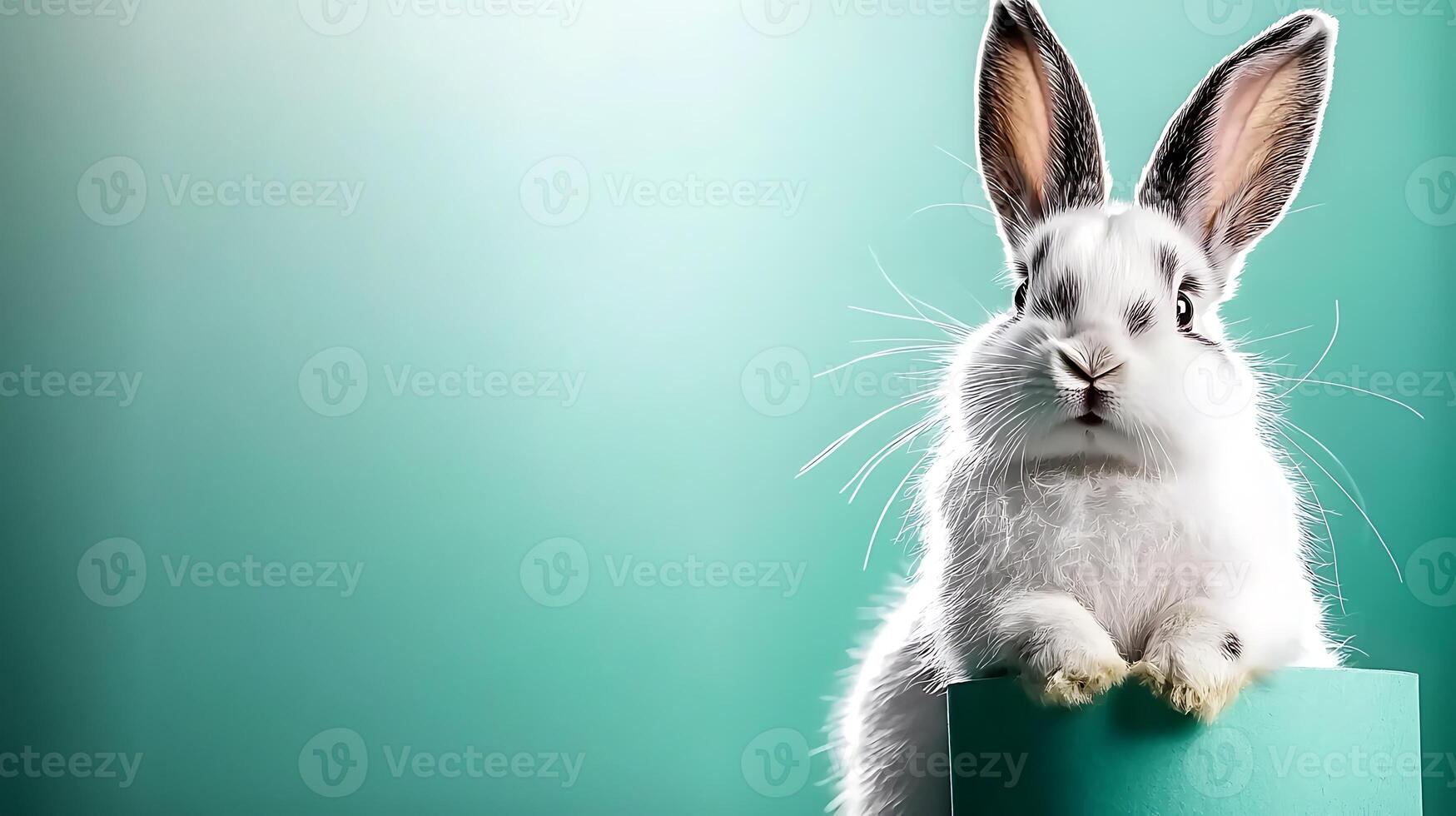 A fluffy white rabbit perched on a teal cylinder, set against a soft gradient background photo