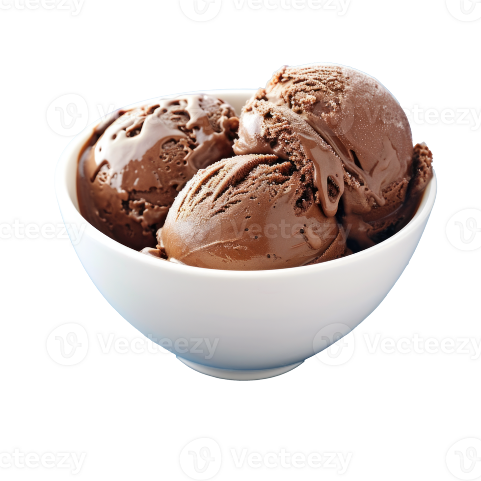 Closeup of Chocolate Ice Cream Scoops in White Bowl png