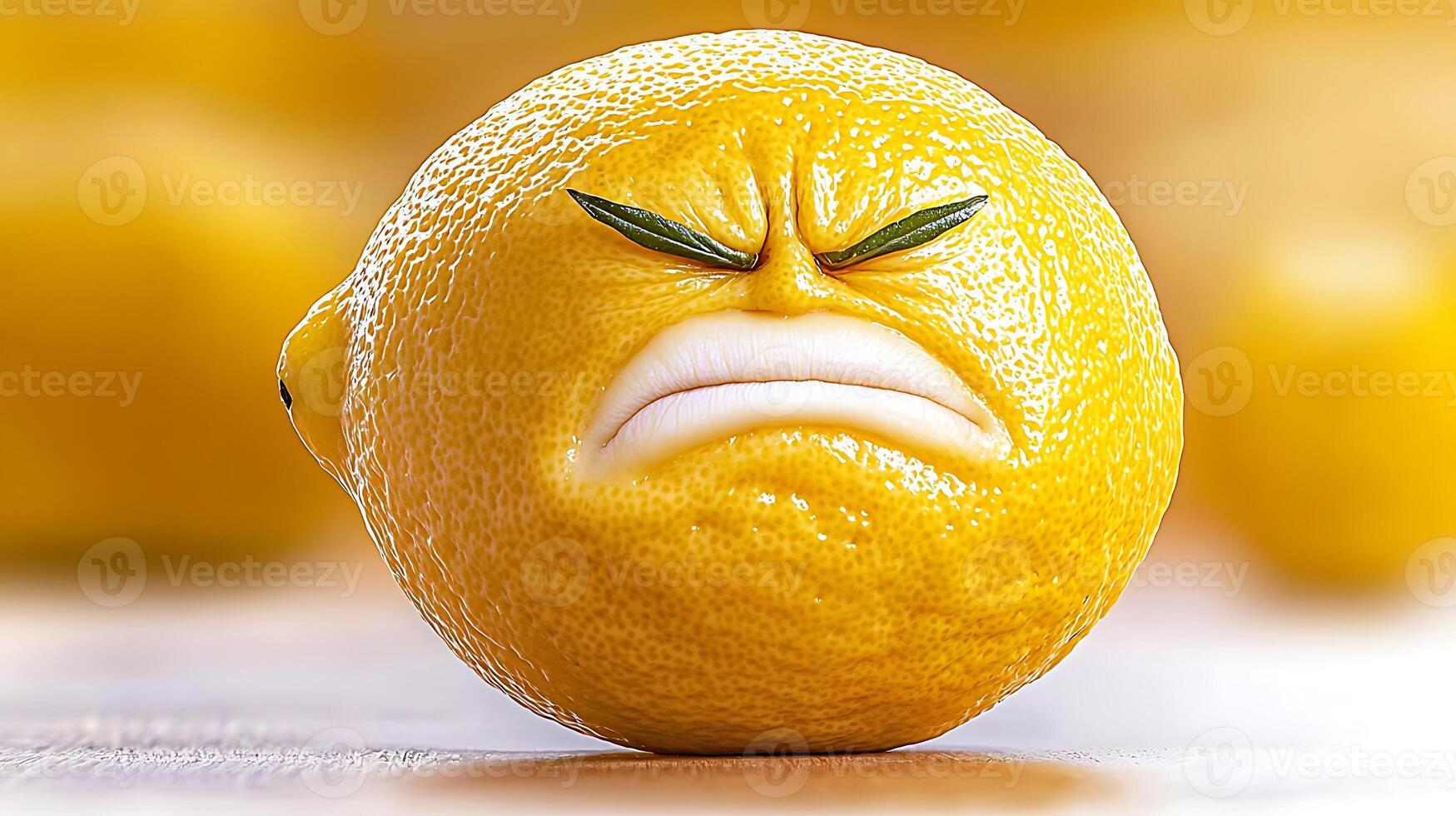 A close-up of a lemon with a displeased expression, surrounded by soft-focus lemons in the background photo