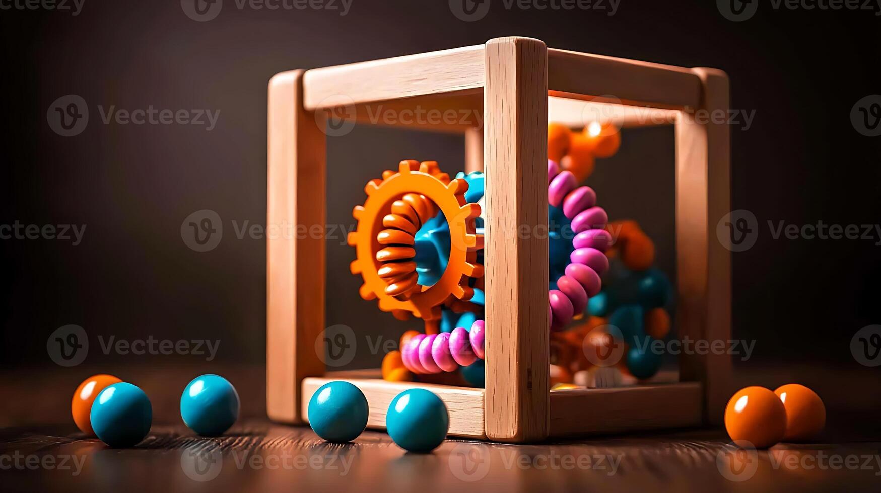 Colorful building blocks arranged in a wooden frame, showcasing creativity and playfulness photo