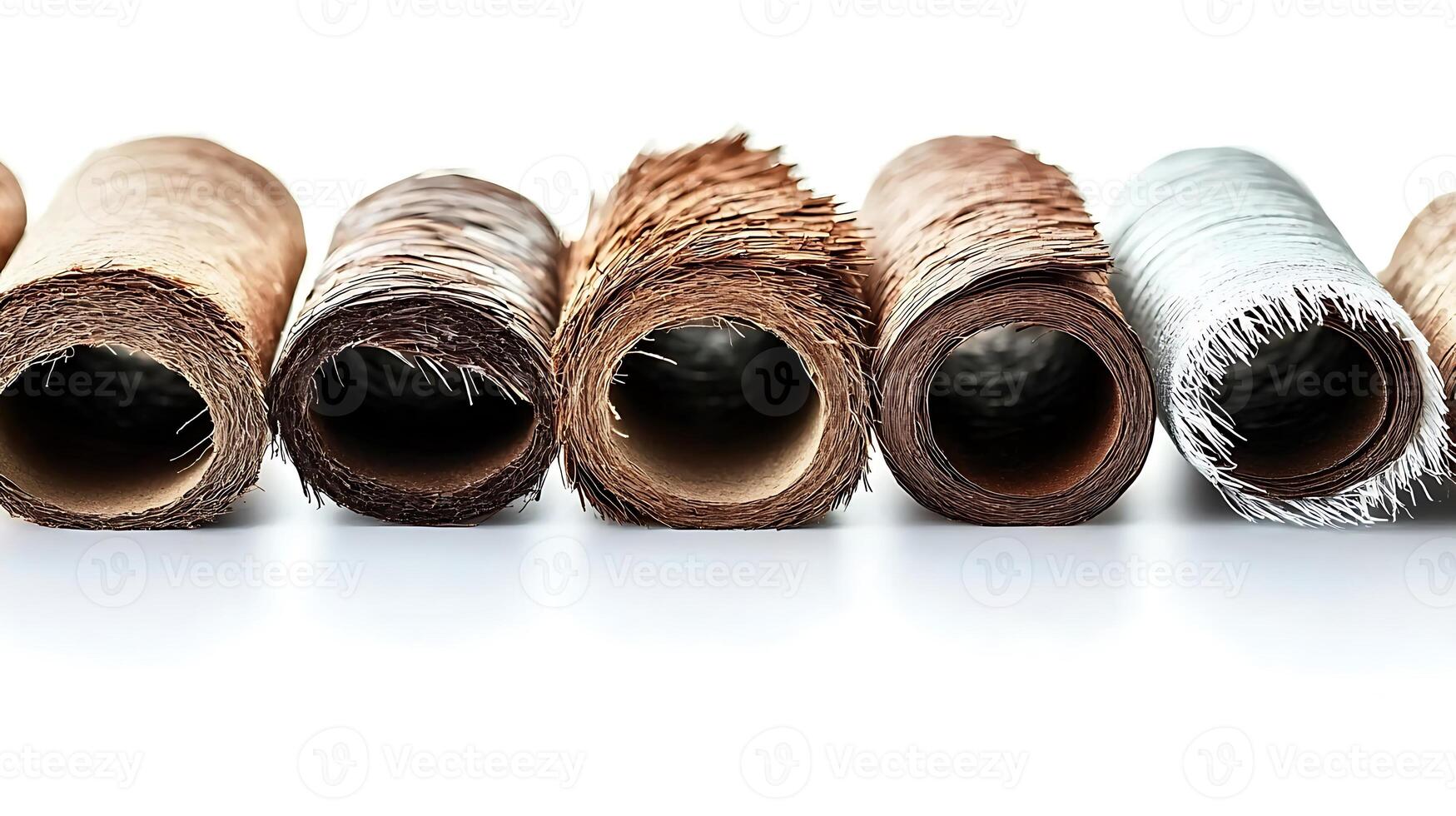 Close-up view of various textured rolls of fabric showcasing natural fibers, arranged neatly photo