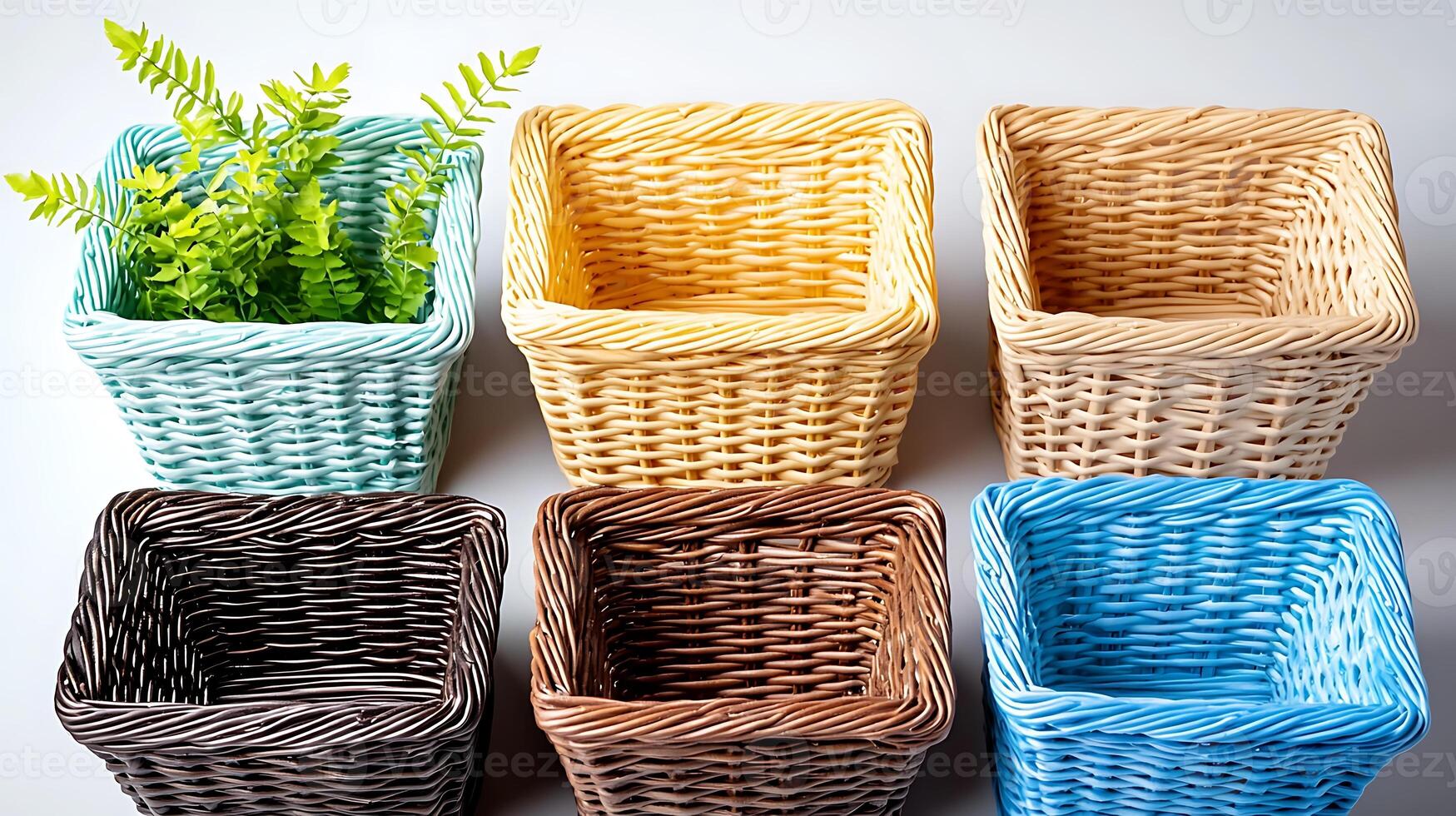 Colorful wicker baskets arranged in a grid with a green plant in one, set on a clean surface photo