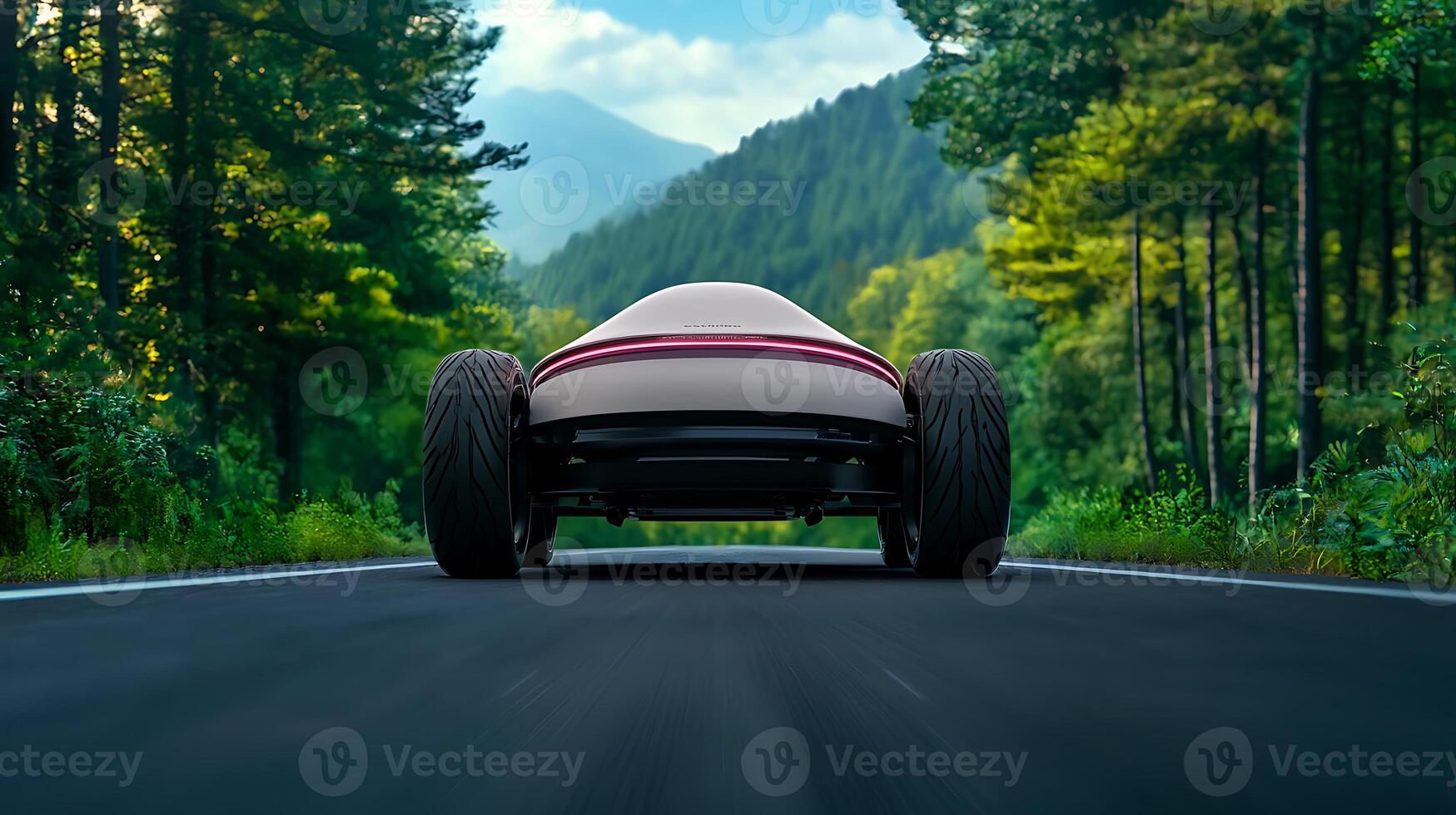 Futuristic electric vehicle driving on a scenic mountain road surrounded by lush greenery photo