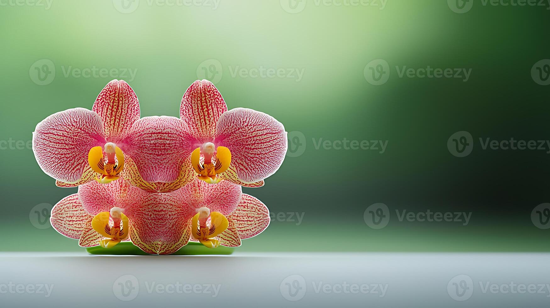 Vibrant pink orchids arranged symmetrically on a soft gradient background, showcasing nature's beauty photo