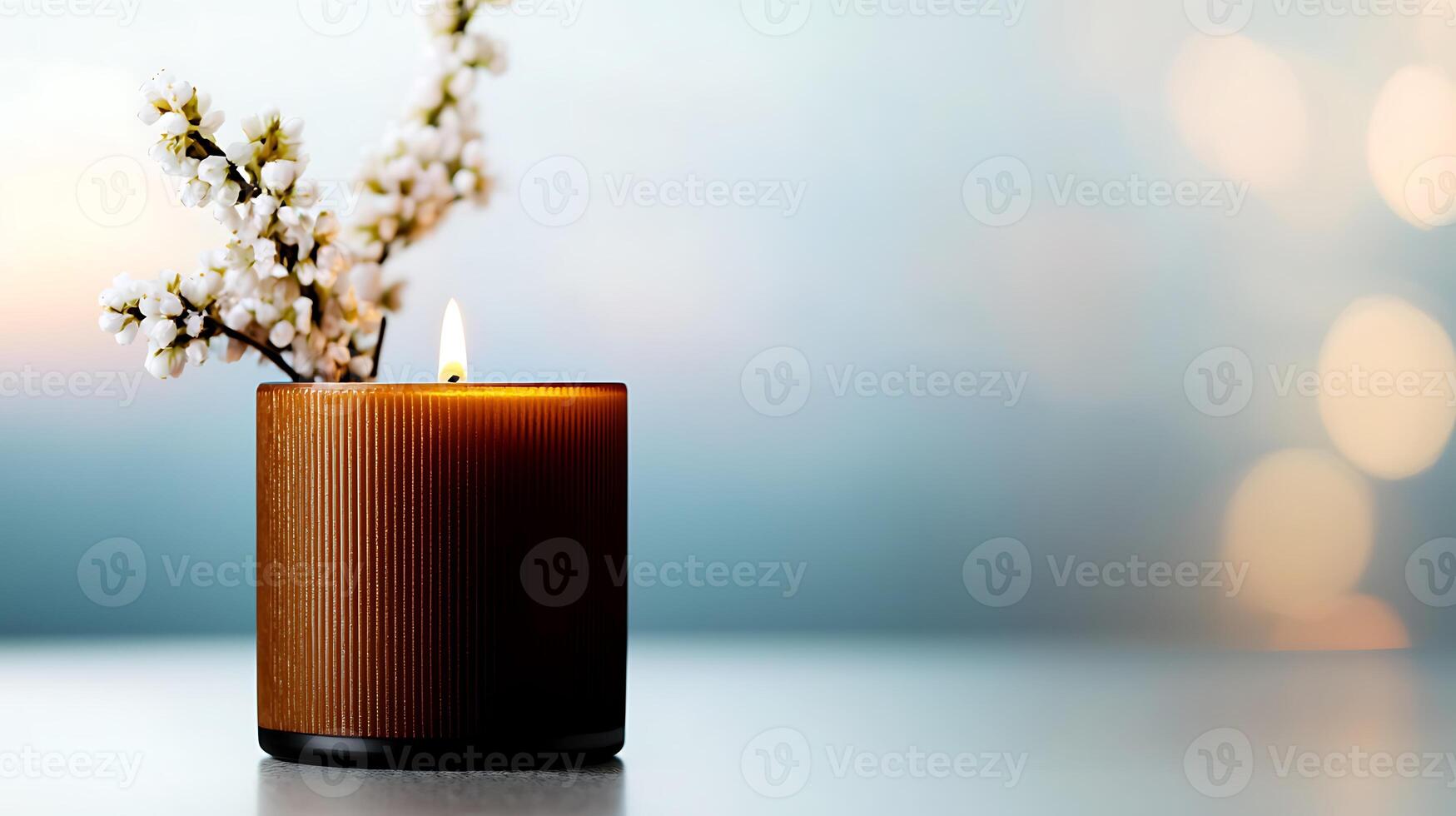 A cozy candle with a blooming branch, creating a warm ambiance against a blurred background photo