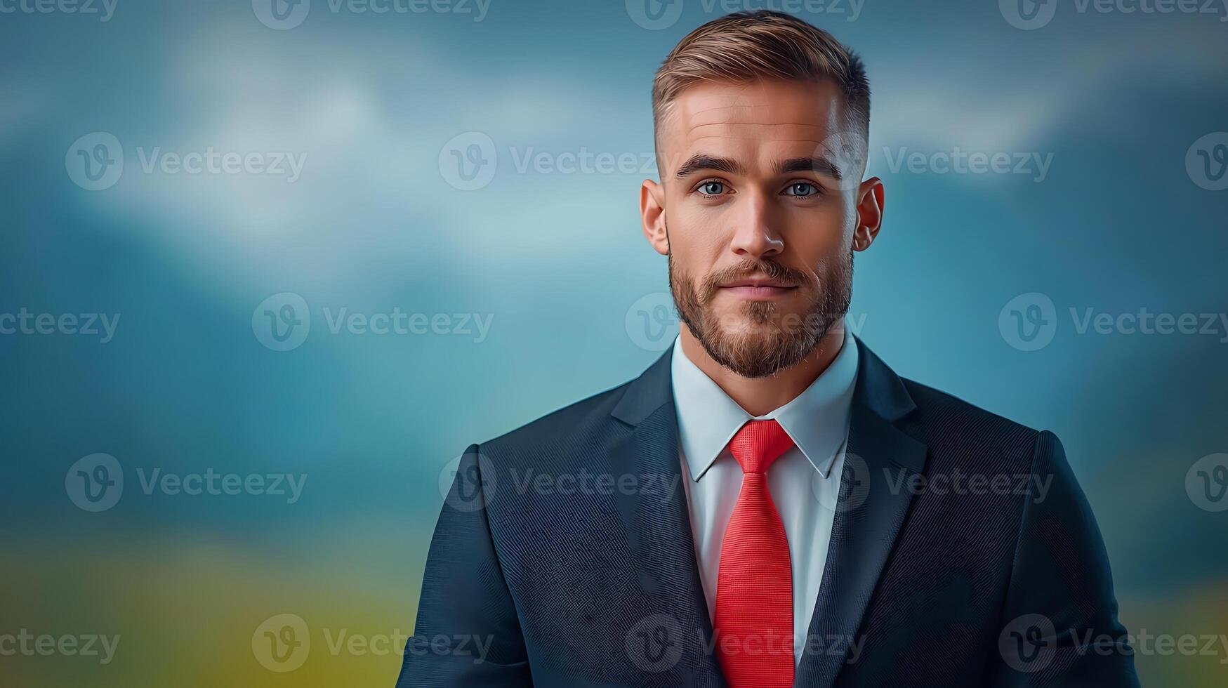 Professional man in suit with red tie poses confidently against a blurred mountain backdrop photo