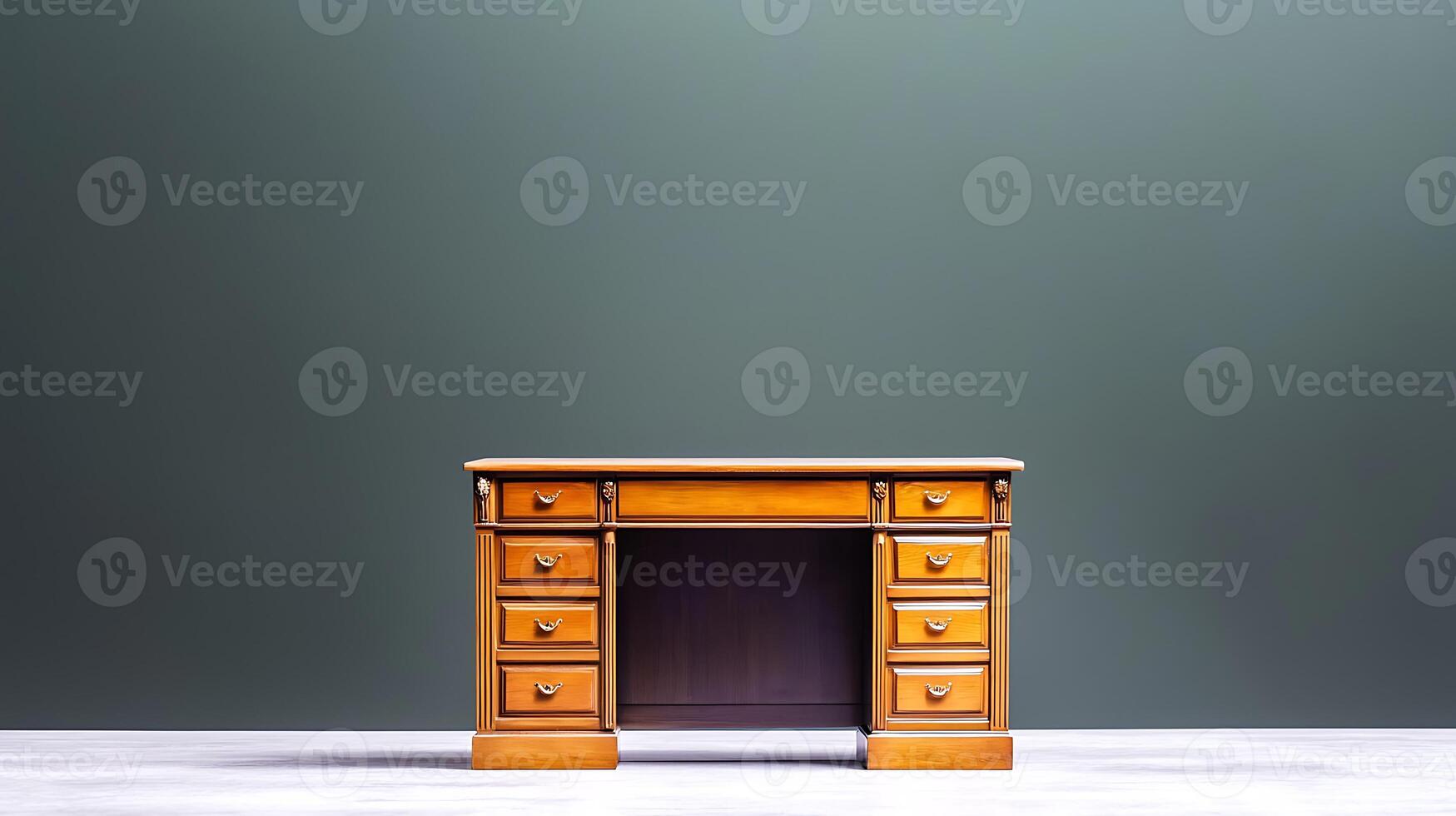 Wooden desk with multiple drawers positioned centrally against a minimalist green wall backdrop photo