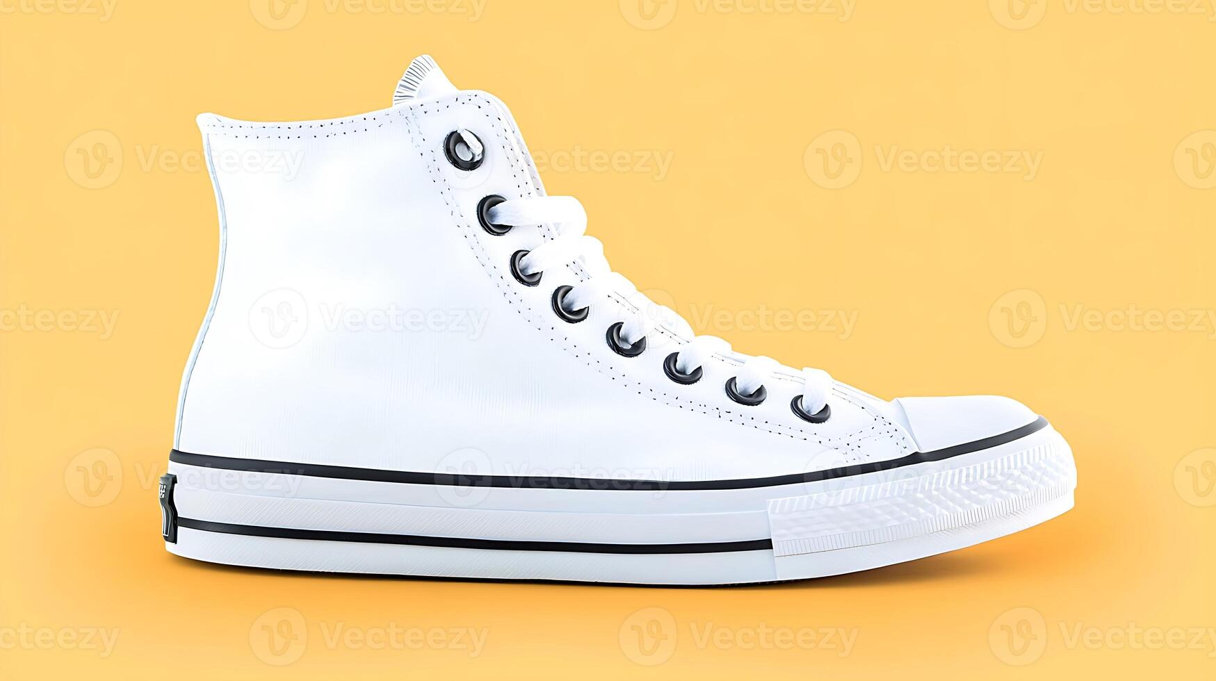 White high-top sneaker against a vibrant yellow background, showcasing its design and style photo