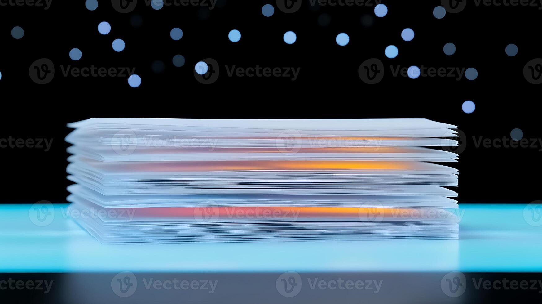 Stacked papers with a vibrant glow against a blurred, sparkling background at night photo