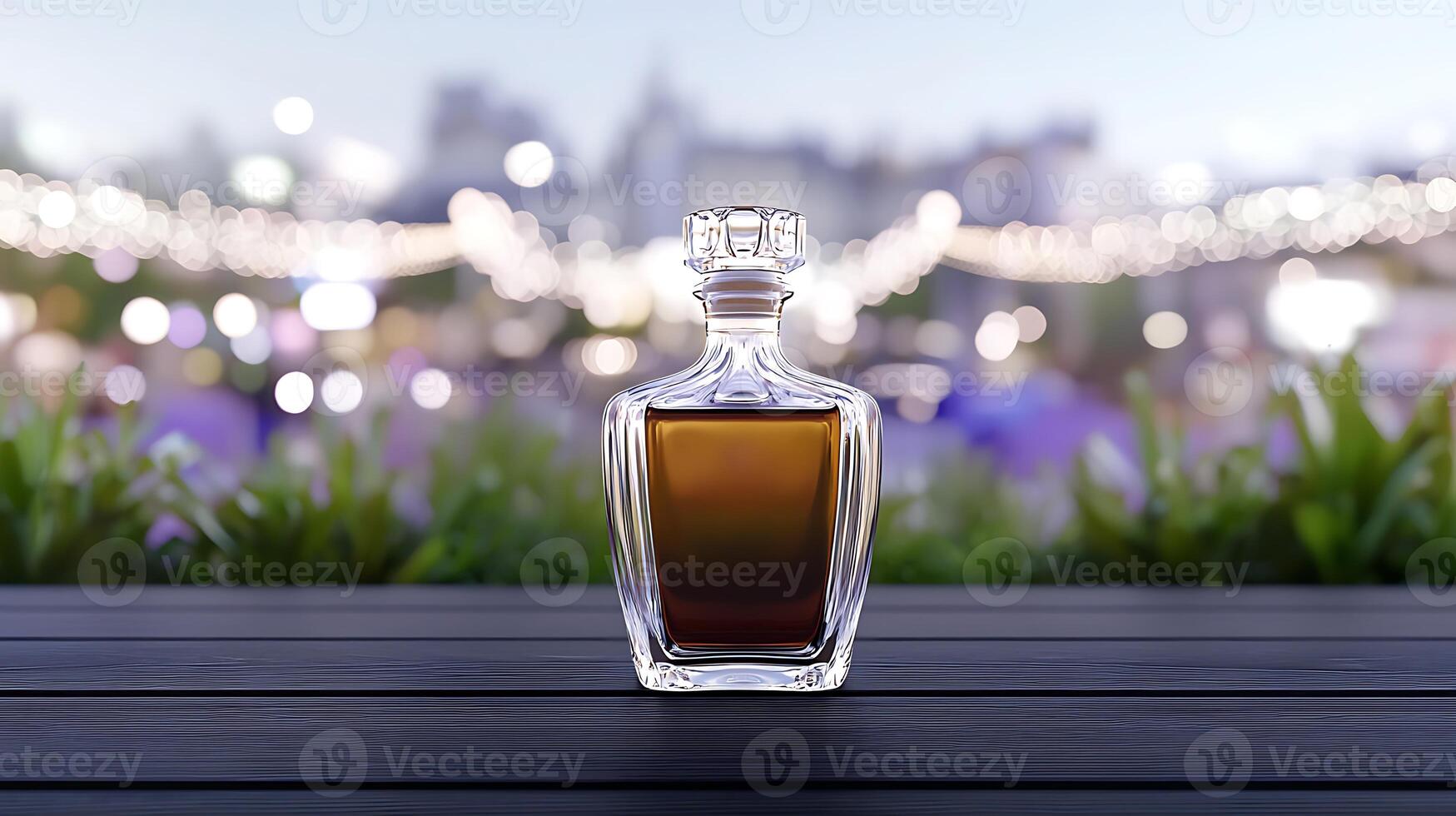 Elegant glass bottle filled with amber liquid, set against a blurred cityscape at dusk photo