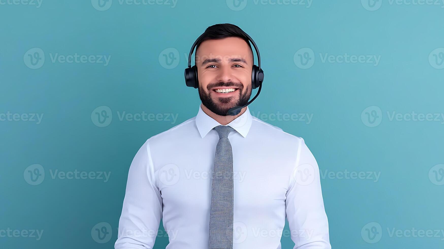 Smiling man in headset providing customer support against a teal background, engaging with clients photo