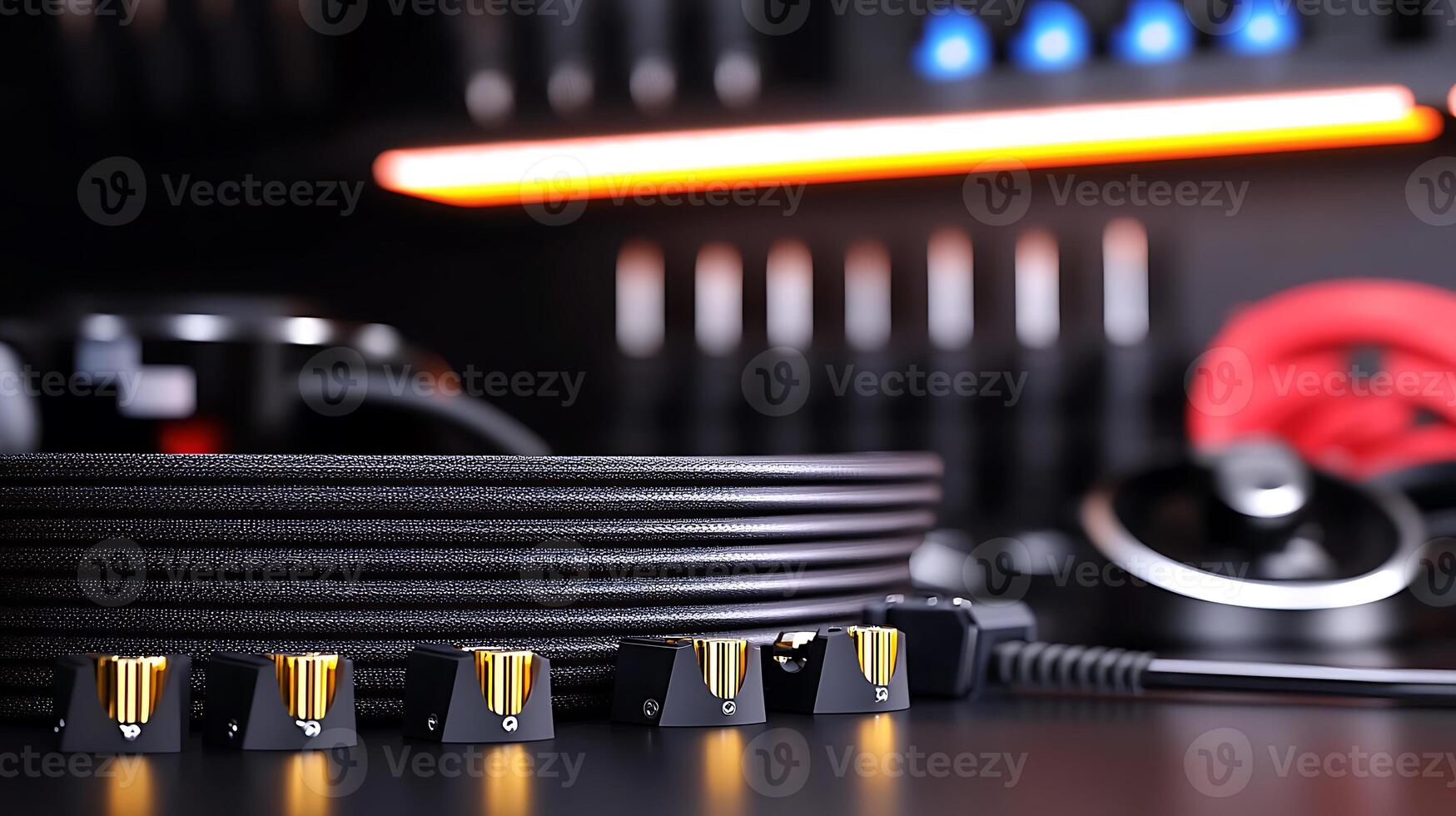 Close-up of high-quality audio cables with gold connectors on a sleek black background photo