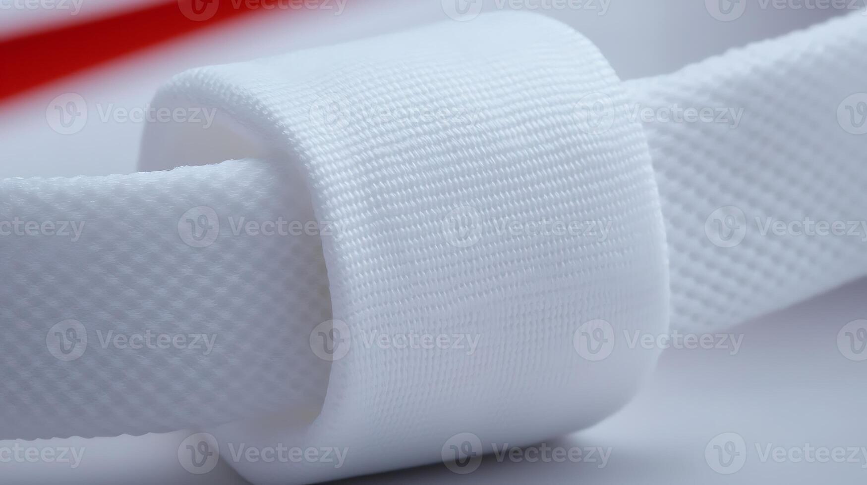 Close-up of a white fabric strap coiled neatly on a smooth surface with a subtle red background photo