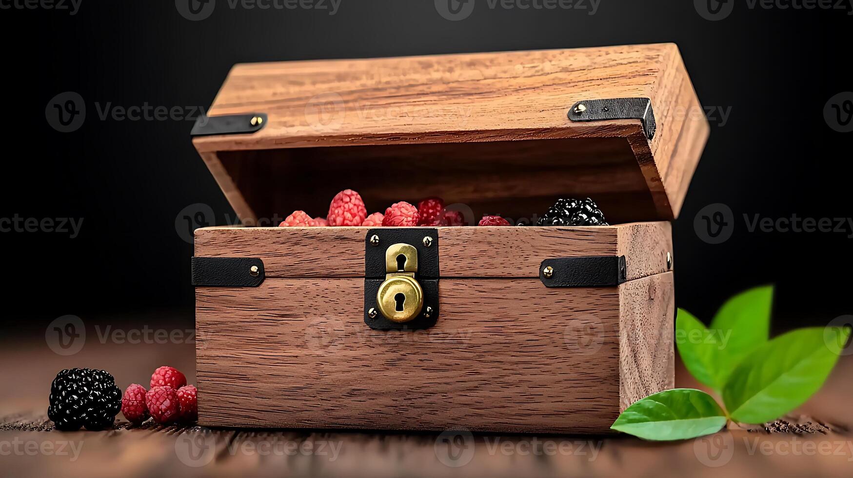 Wooden treasure chest overflowing with fresh raspberries and blackberries, set on a rustic table photo