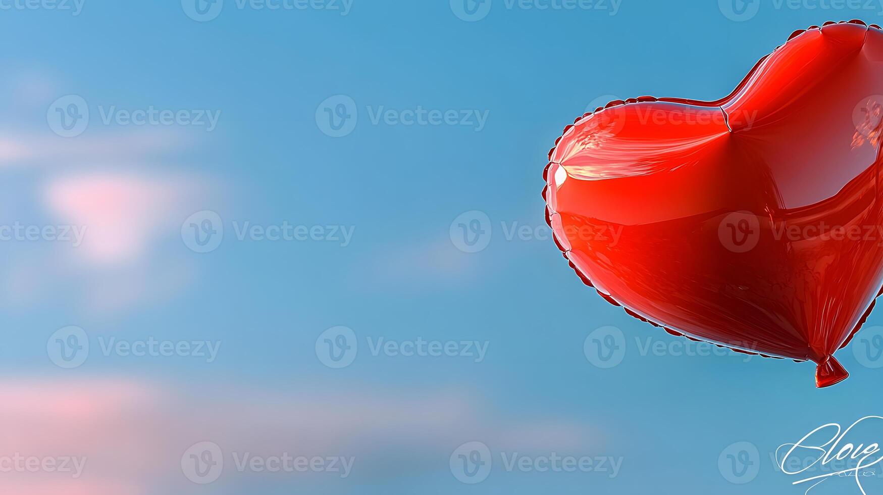 Red heart-shaped balloon floating against a clear blue sky, evoking feelings of love and joy photo