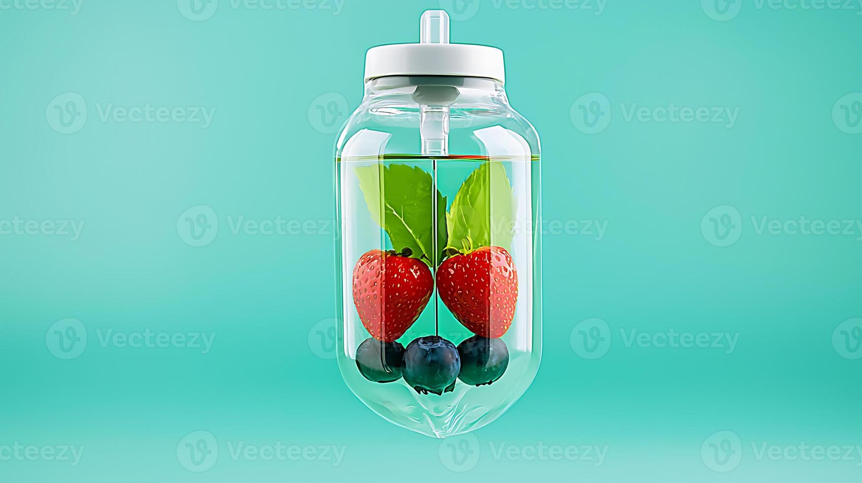 Refreshing fruit-infused water in a clear bottle with strawberries and blueberries on a vibrant background photo