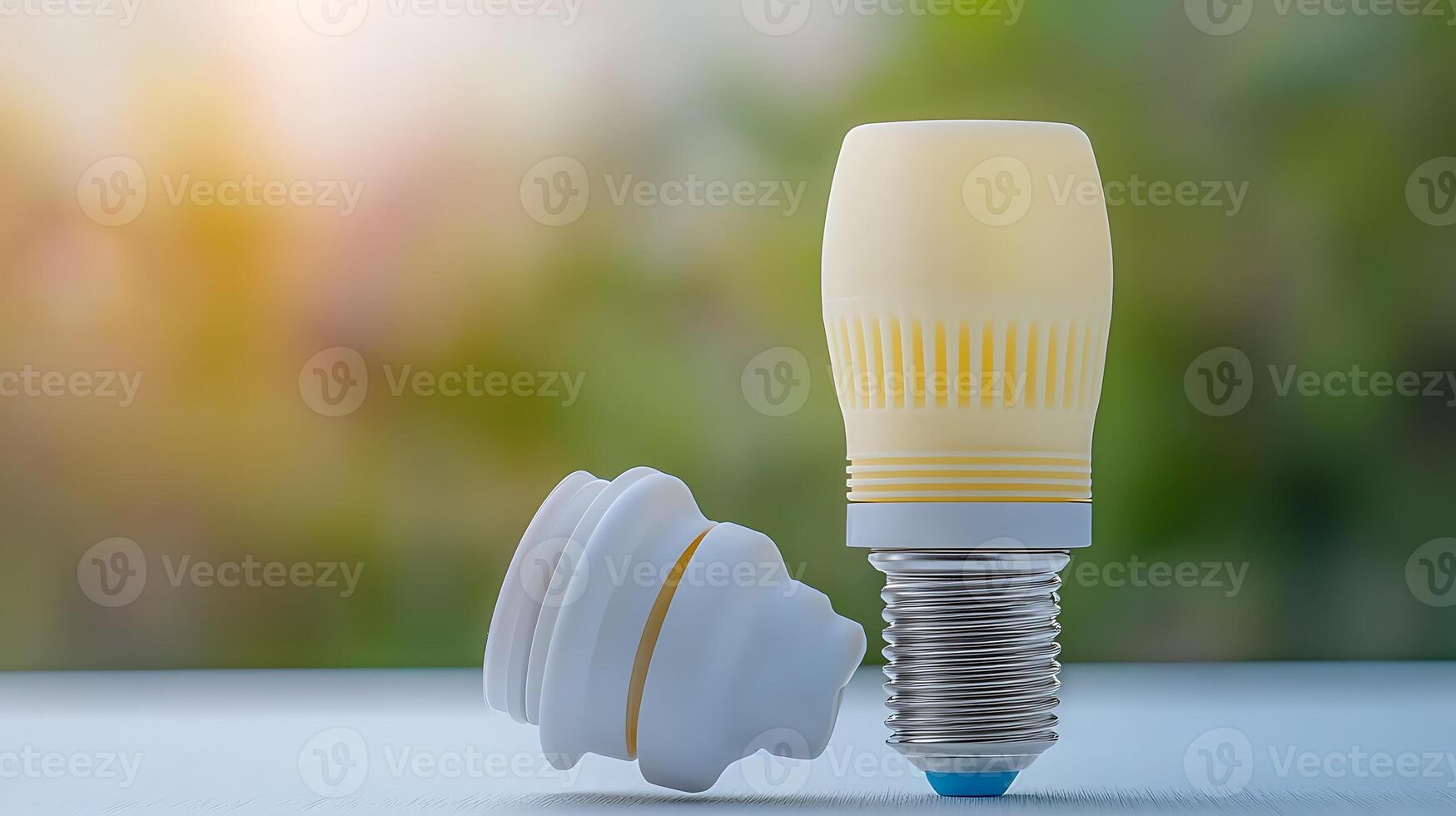 Close-up of a modern LED light bulb on a wooden surface with a blurred natural background photo
