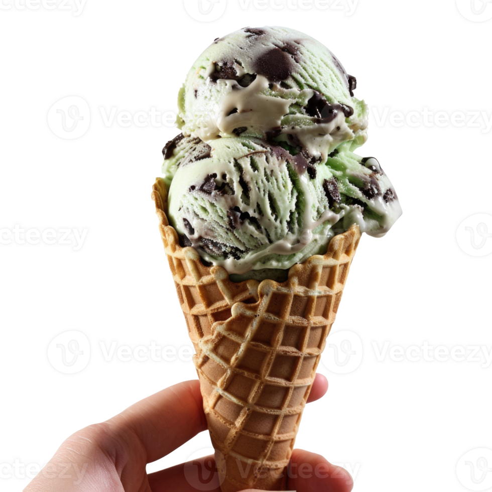 Mint Chocolate Chip Ice Cream Cone, Hand Holding Dessert, Sweet Summer Treat png