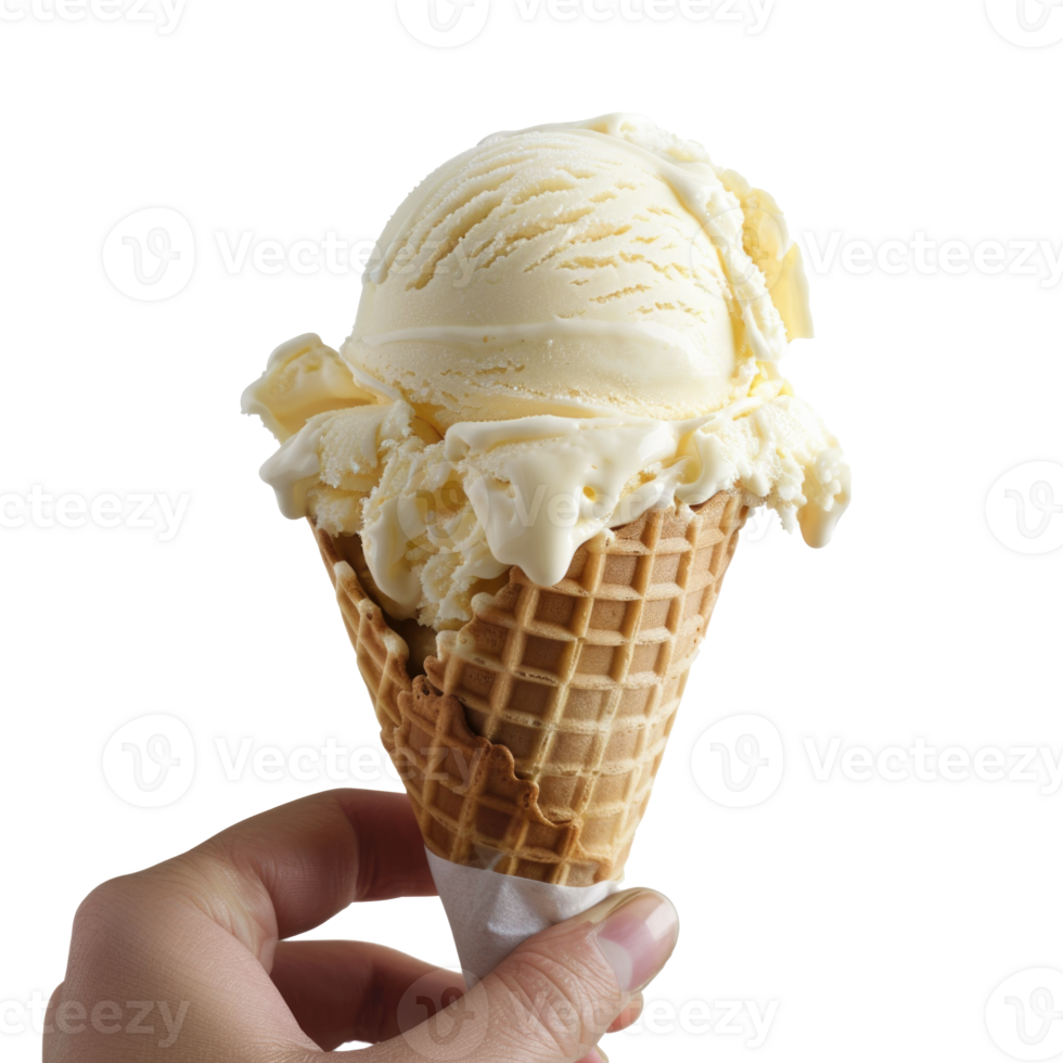 Vanilla Ice Cream Cone Held In Hand - Isolated png