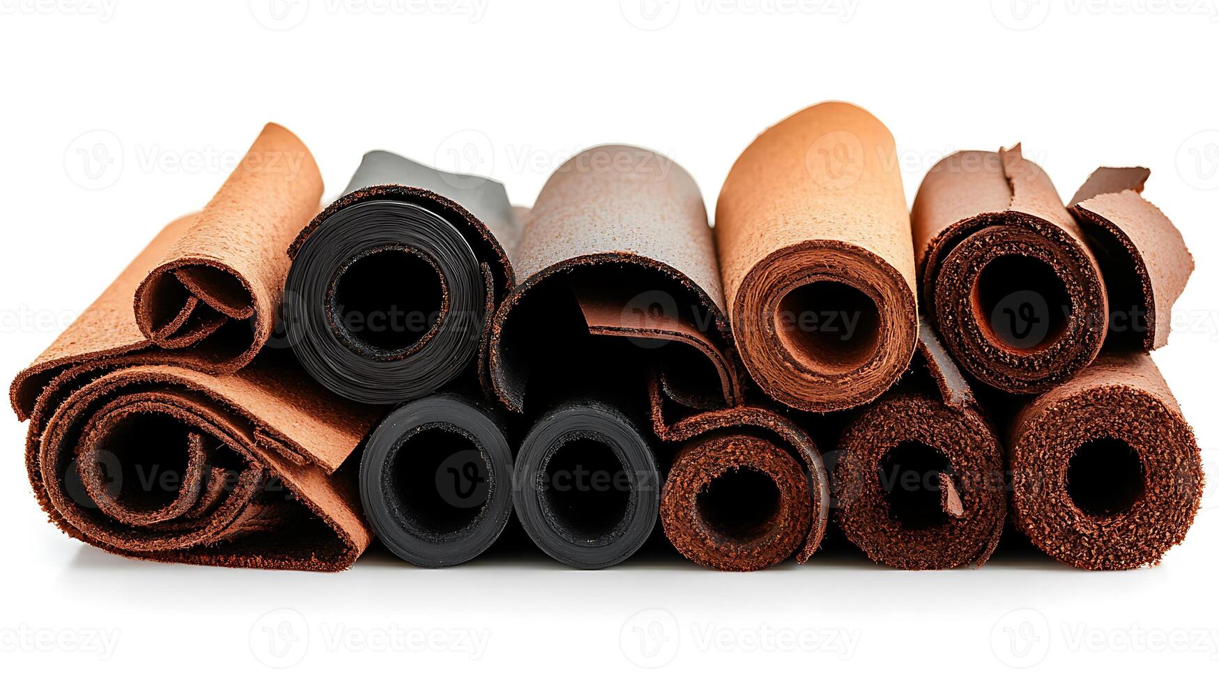 Various rolls of textured materials arranged neatly, showcasing colors and patterns for design use photo