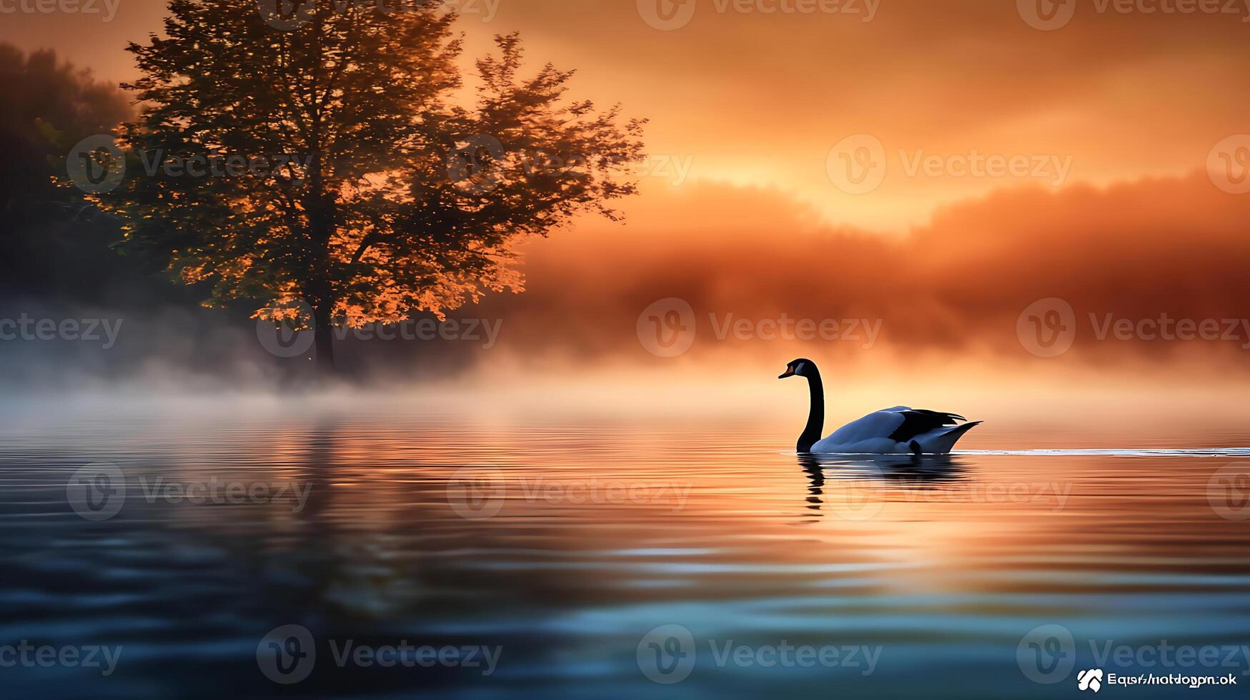 Serene sunrise over a misty lake with a solitary swan gliding through calm waters photo