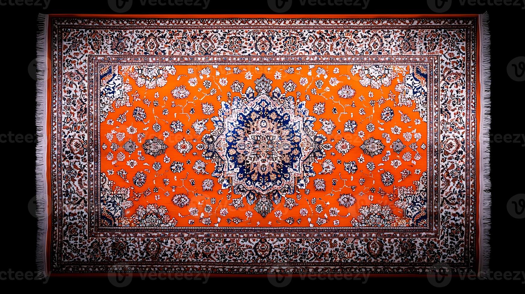 Vibrant orange Persian carpet featuring intricate floral patterns, displayed on a dark background photo