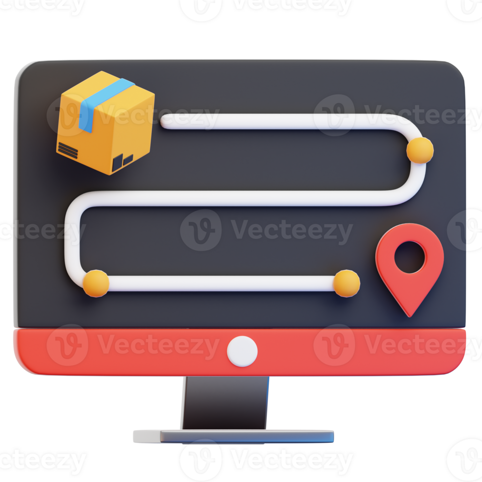 Delivery Route Visualization, a 3D rendered illustration depicts a parcels delivery route on a computer screen, symbolizing online order tracking and logistics with a pin point marker png