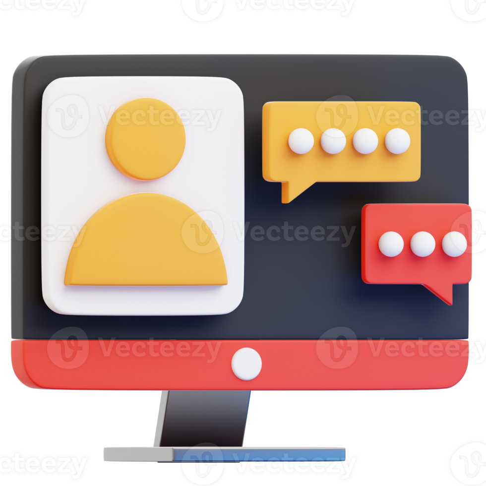 A computer screen with a chat bubble icon and a person png
