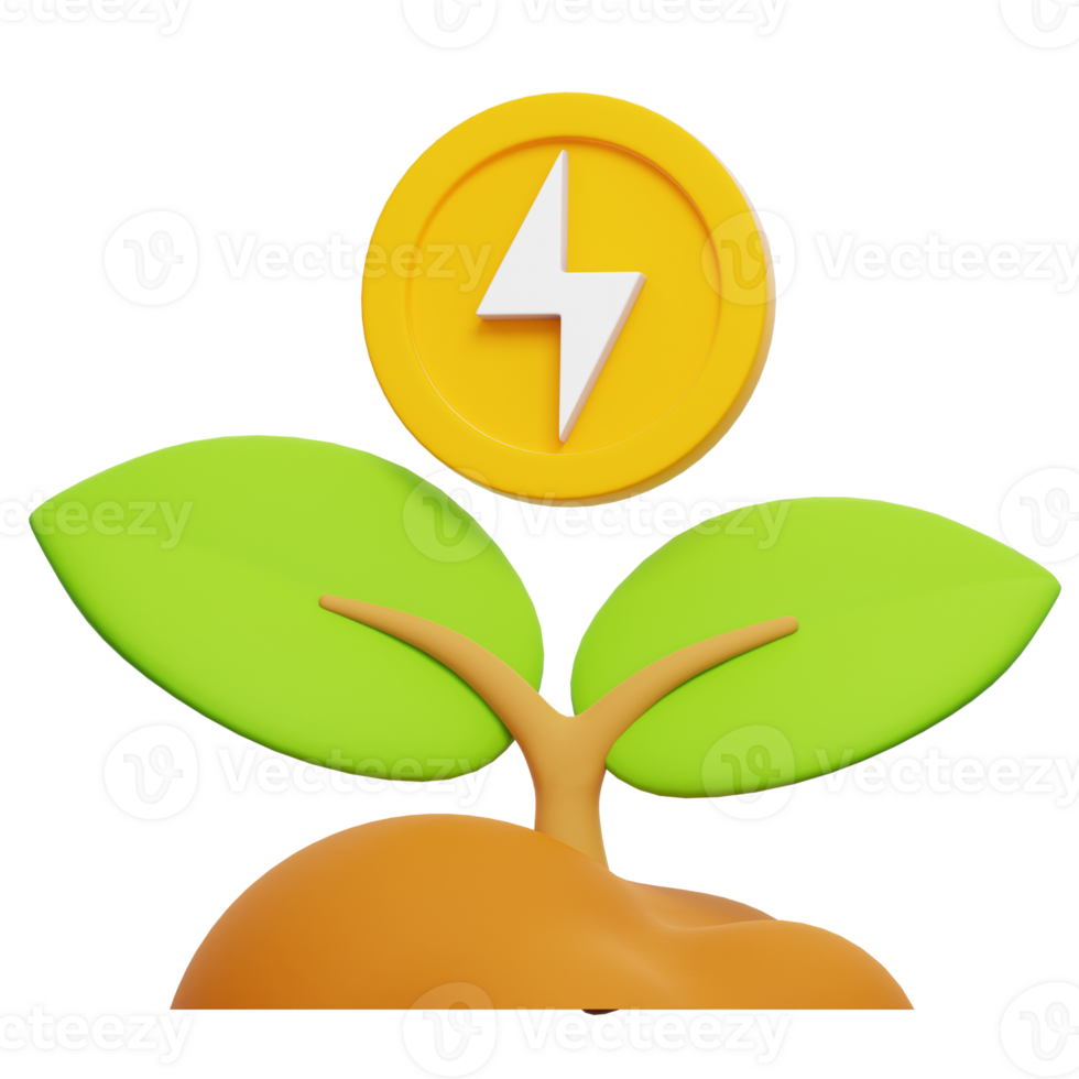 Growing Green Energy, 3D Render of a plant sprout with a gold coin featuring a lightning bolt symbol, representing sustainable energy growth and investment png