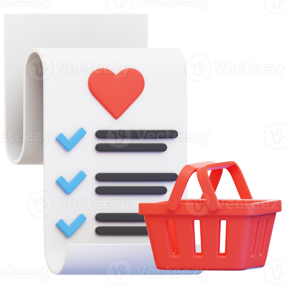 Shopping Wishlist Icon, A vibrant, three-dimensional illustration of a shopping list and a shopping basket, the list marked with heart symbol png