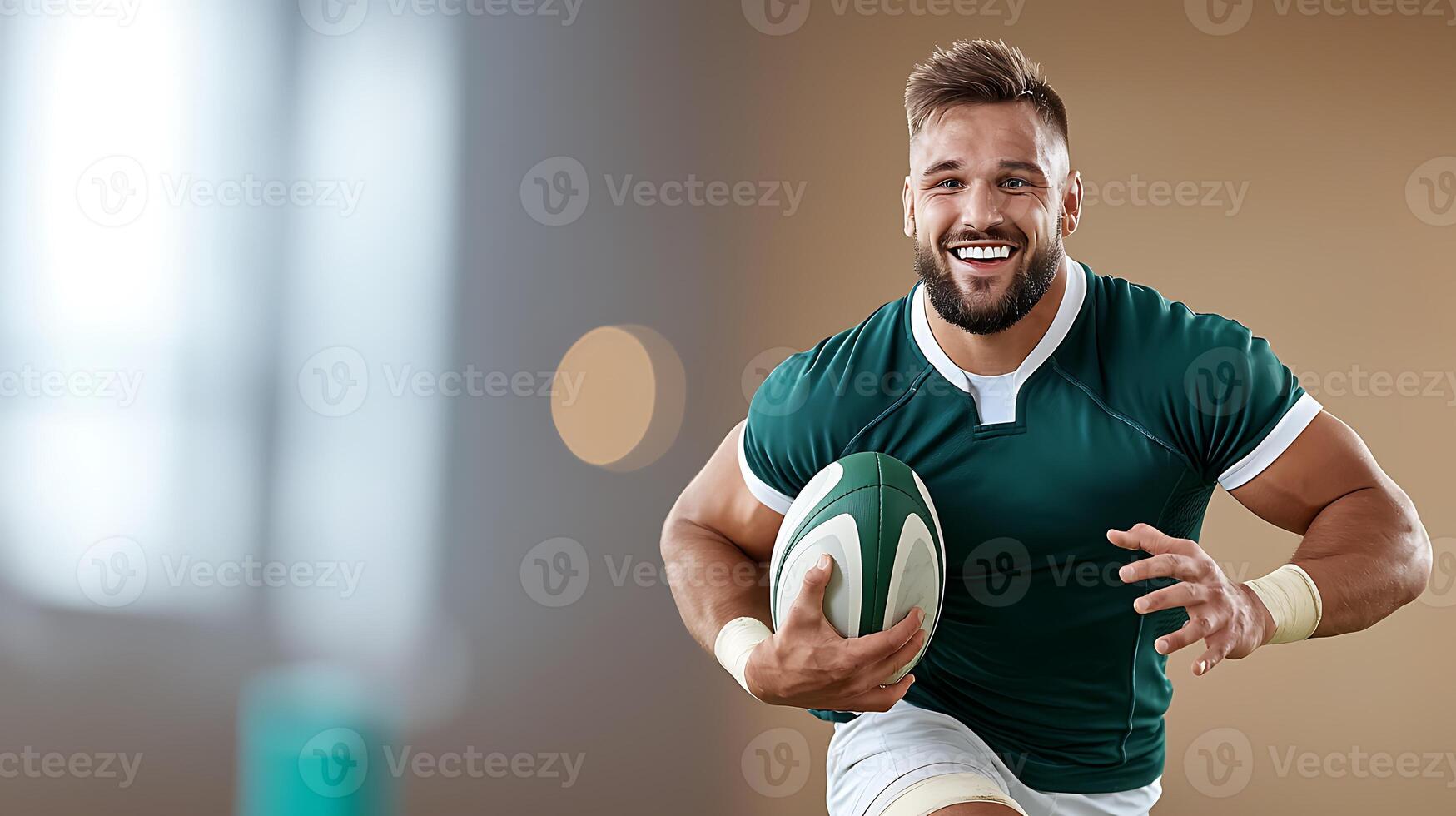 Smiling rugby player sprinting with a ball in a training session, blurred background highlights action photo