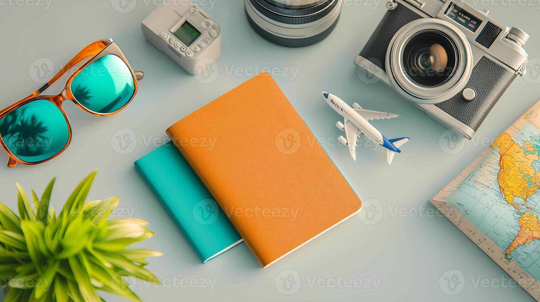 Travel essentials arranged on a table, featuring cameras, notebooks, and a globe photo