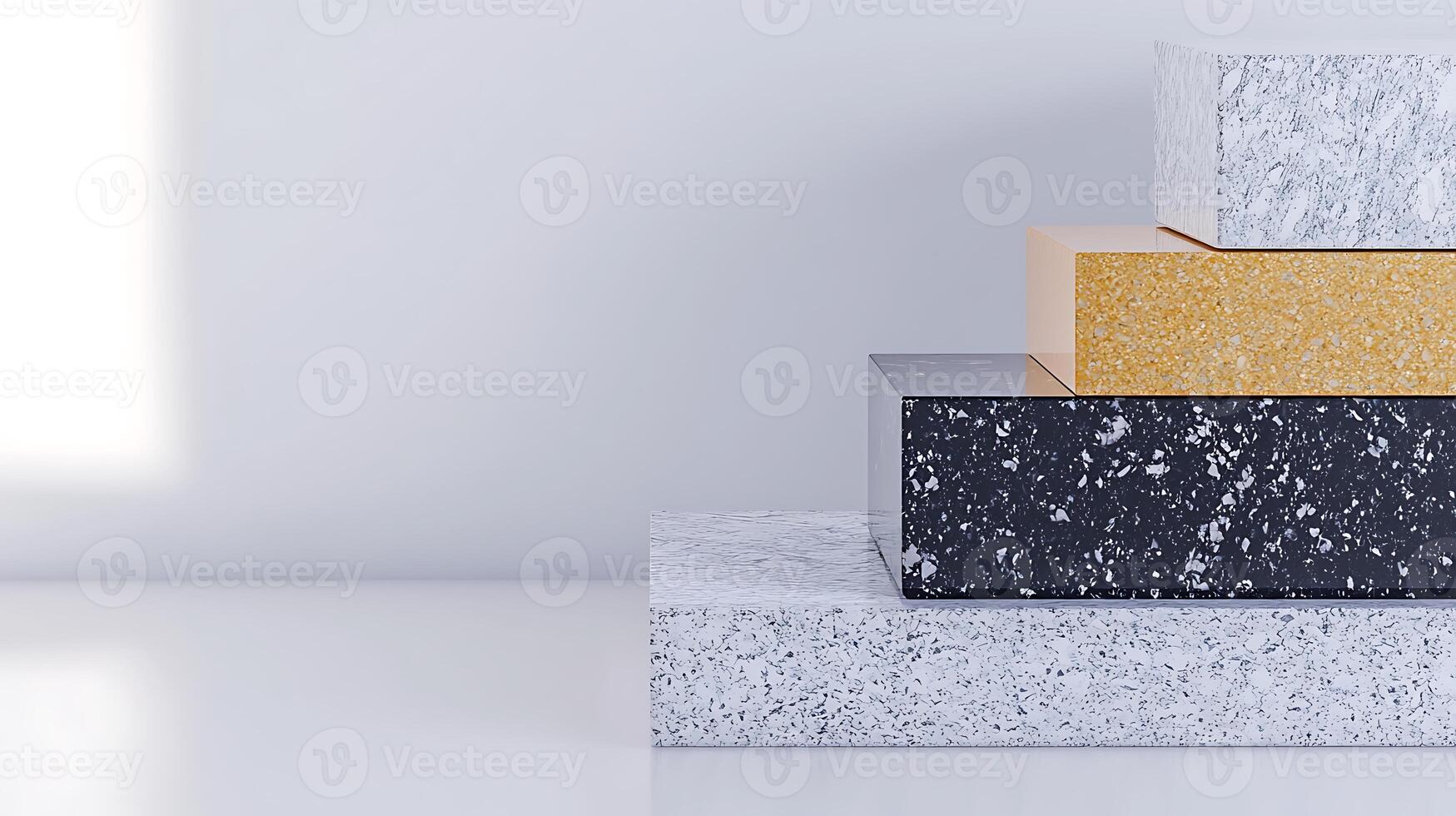 Stacked geometric blocks in varying colors and textures against a minimalist background photo