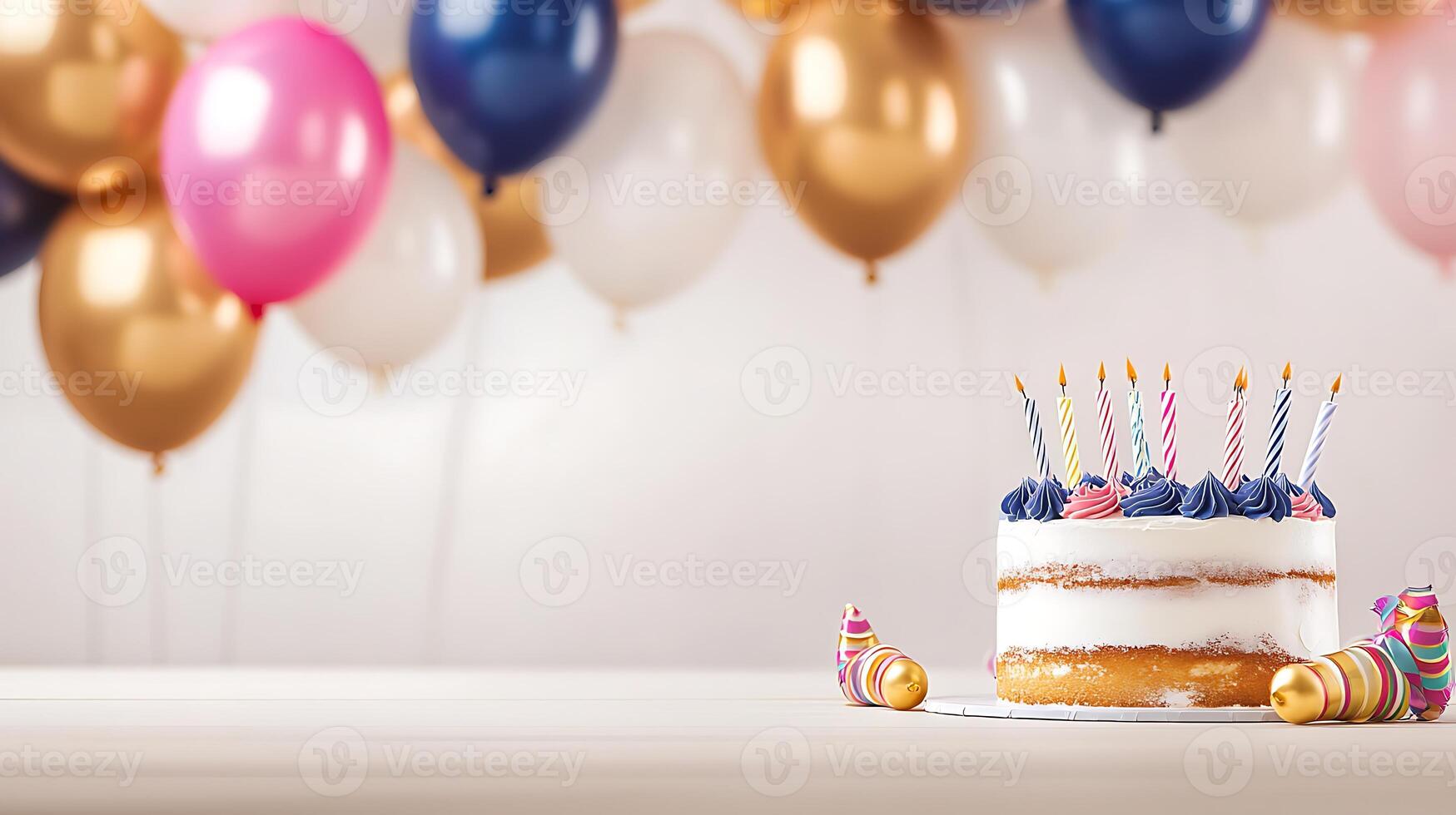 A beautifully decorated birthday cake with colorful balloons in the background, celebrating joy photo
