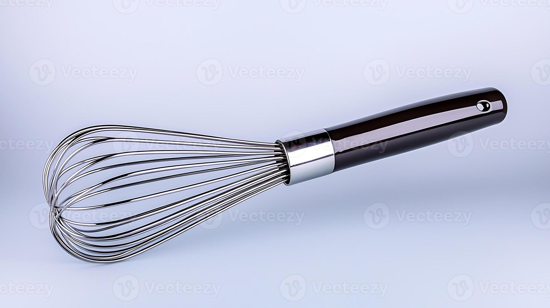 Sleek stainless steel whisk with a dark wooden handle against a soft gradient background photo