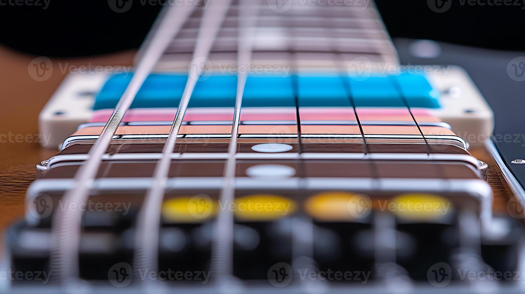 Close-up view of a guitar neck showcasing colorful frets and strings against a dark background photo