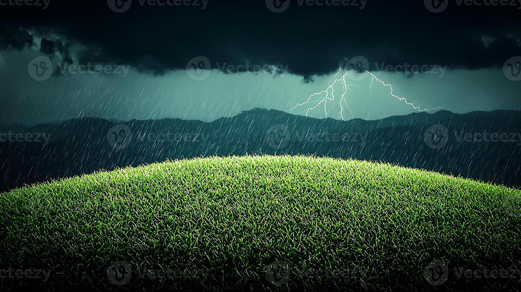 Stormy landscape with dark clouds and lightning over a grassy hill during rainfall photo