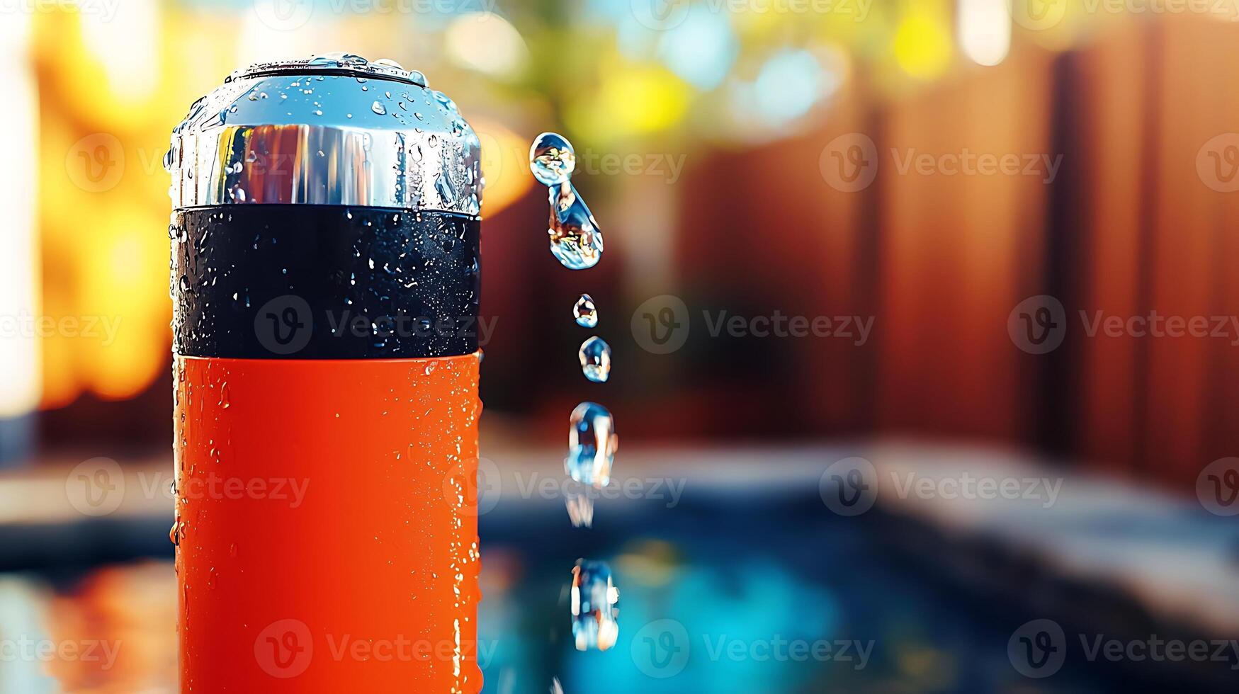 Close-up of a vibrant orange water bottle with droplets, set against a blurred poolside background photo