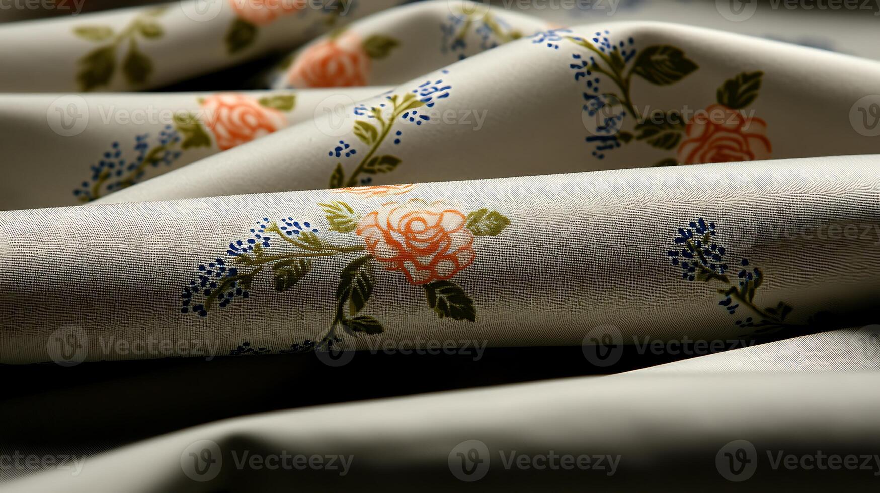 Close-up of elegantly folded fabric with floral patterns, showcasing intricate designs and textures photo