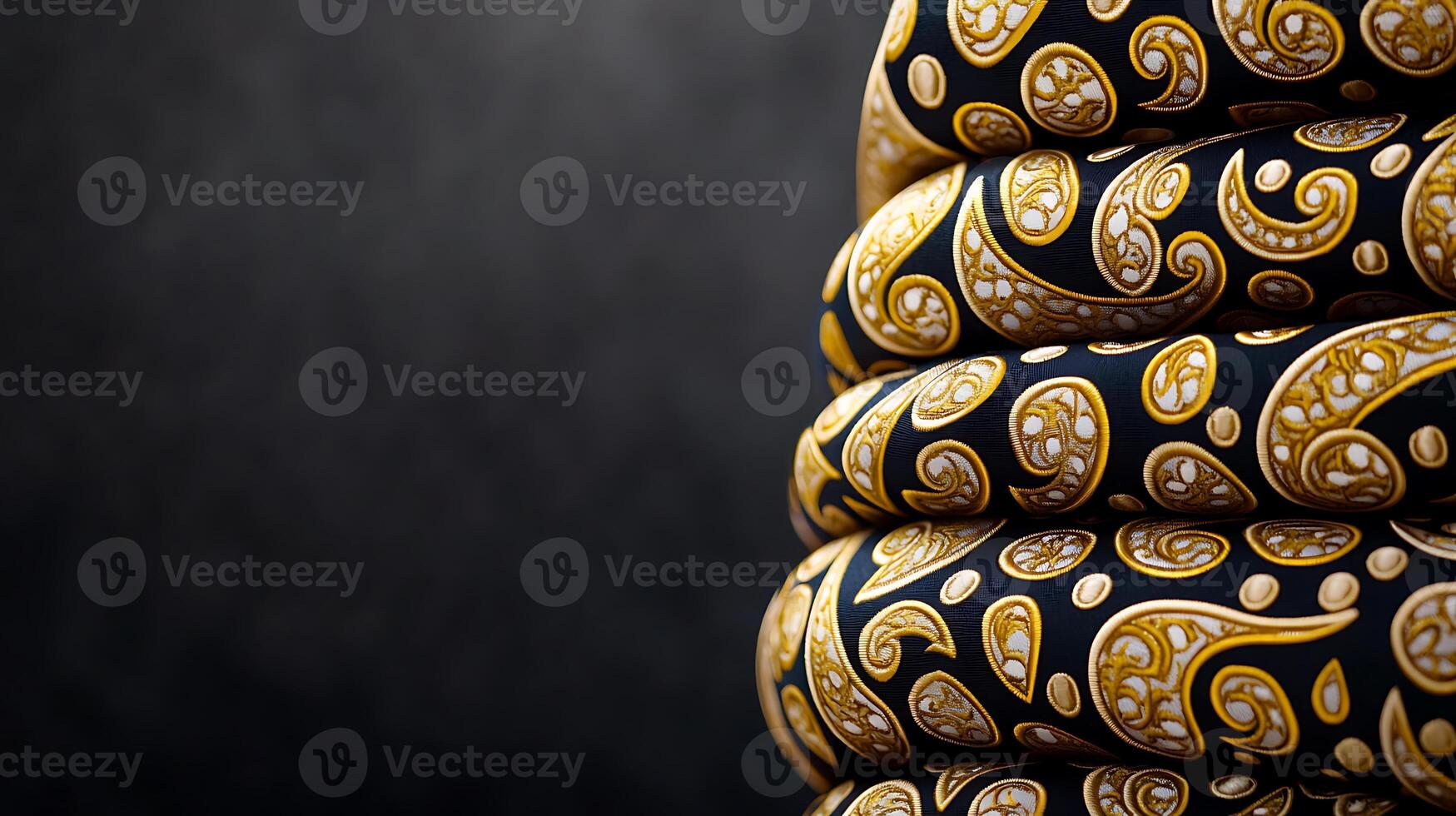 Close-up of intricately patterned fabric rolls stacked against a dark background, showcasing texture photo