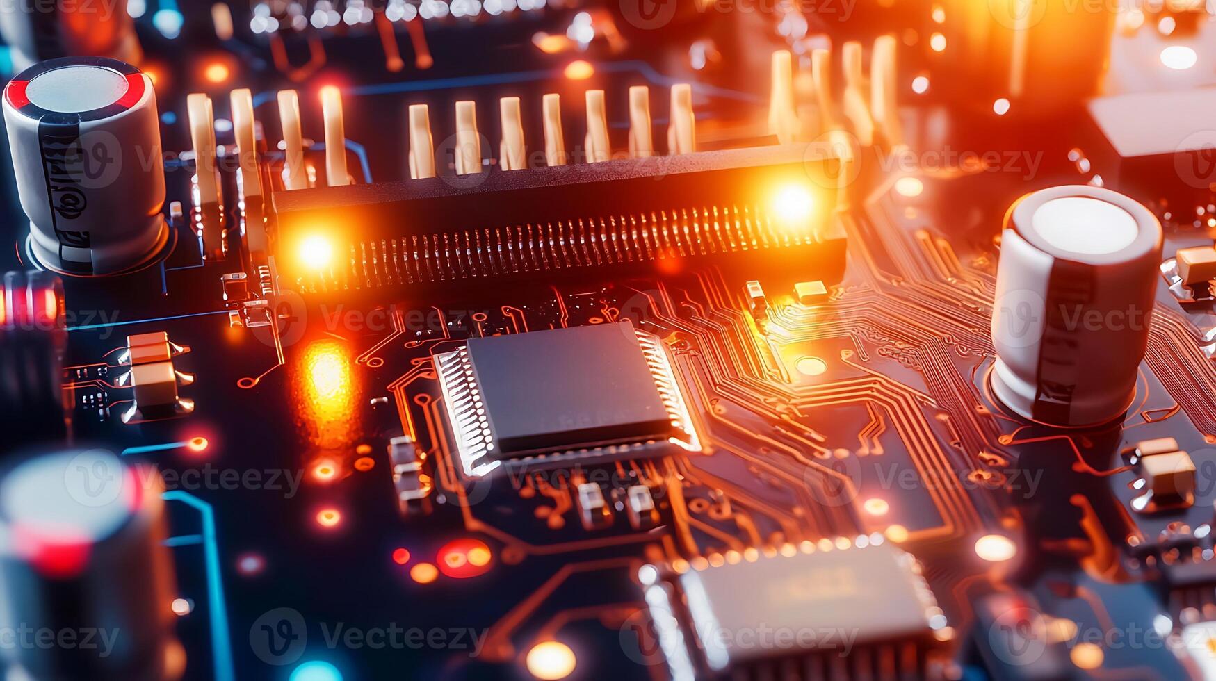 Close-up of a vibrant circuit board showcasing intricate components and glowing lights photo