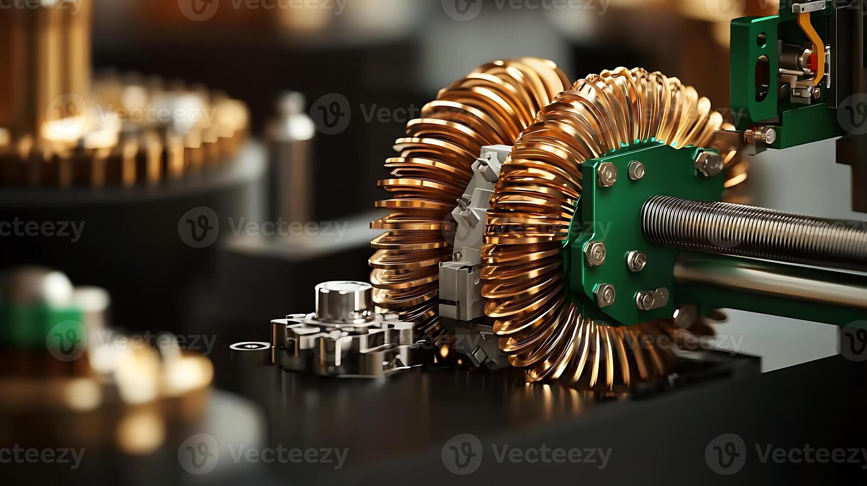 Close-up of intricate mechanical components showcasing gears and coils in a workshop setting photo