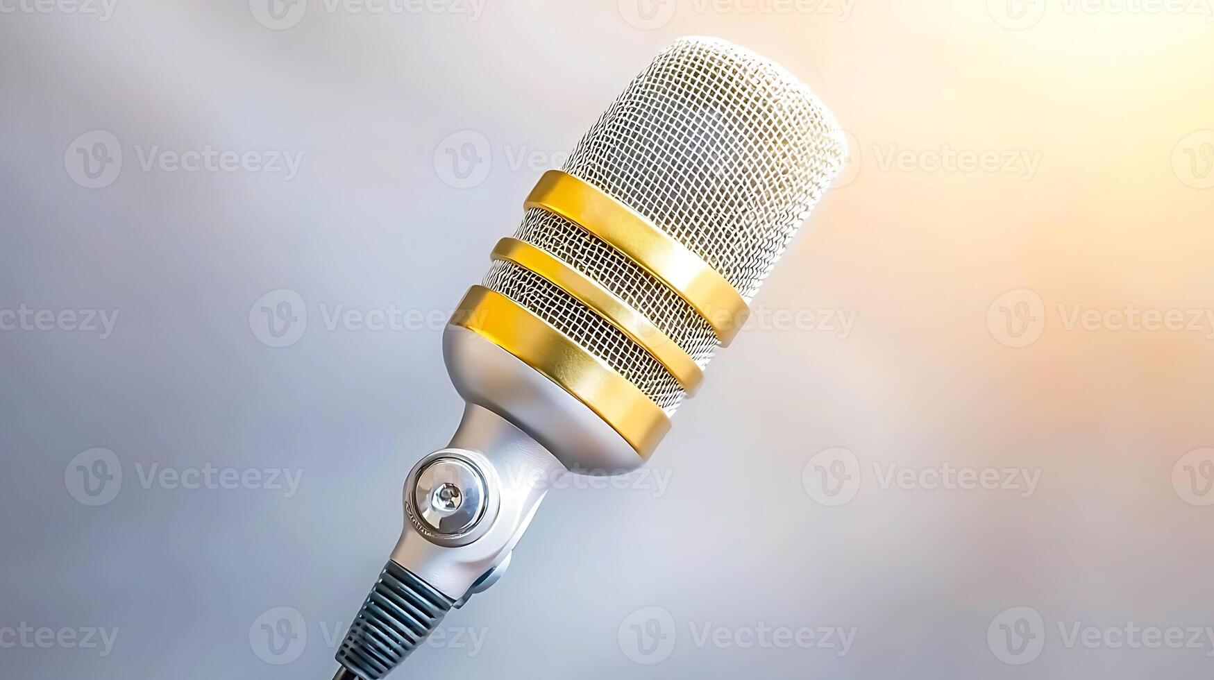 Close-up of a vintage microphone with golden accents, softly illuminated in a blurred background photo